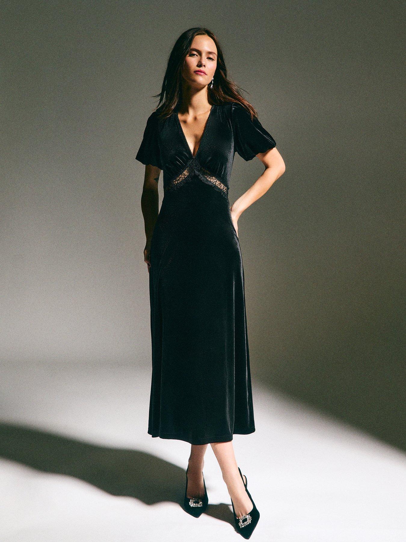 New Look Black Velvet Lace Insert Midi Dress Very