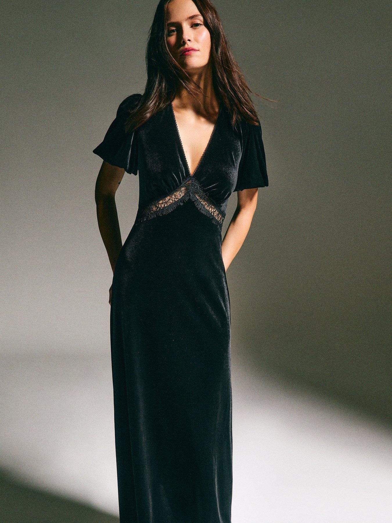 New Look Black Velvet Lace Insert Midi Dress | Very