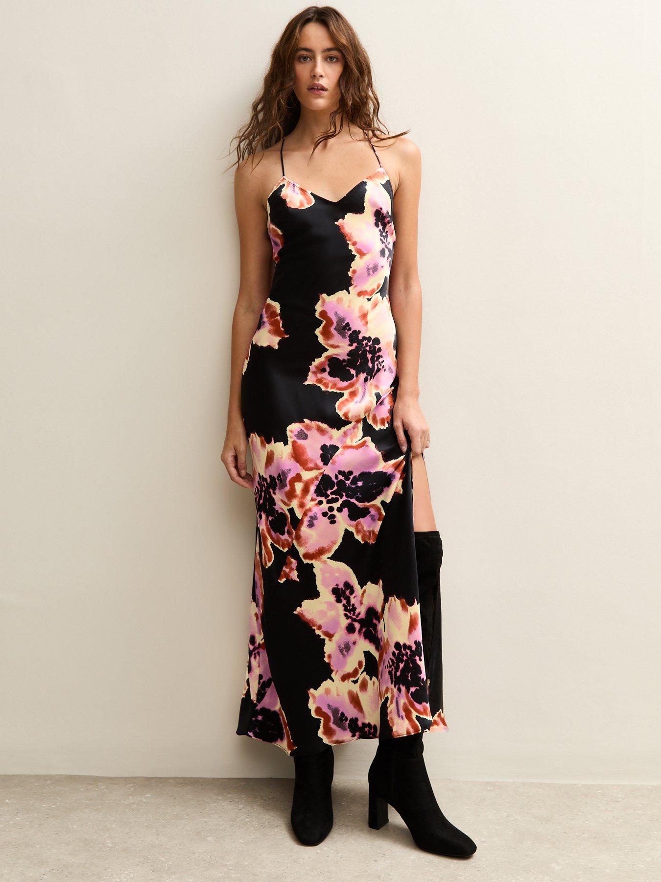New Look: Black Floral Print Low Back Midi Dress