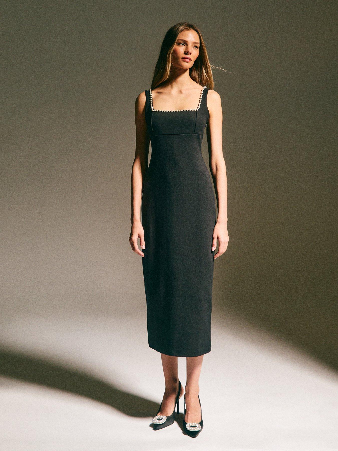 New Look: Faux Pearl Embellished Square Neck Midi Dress - Black