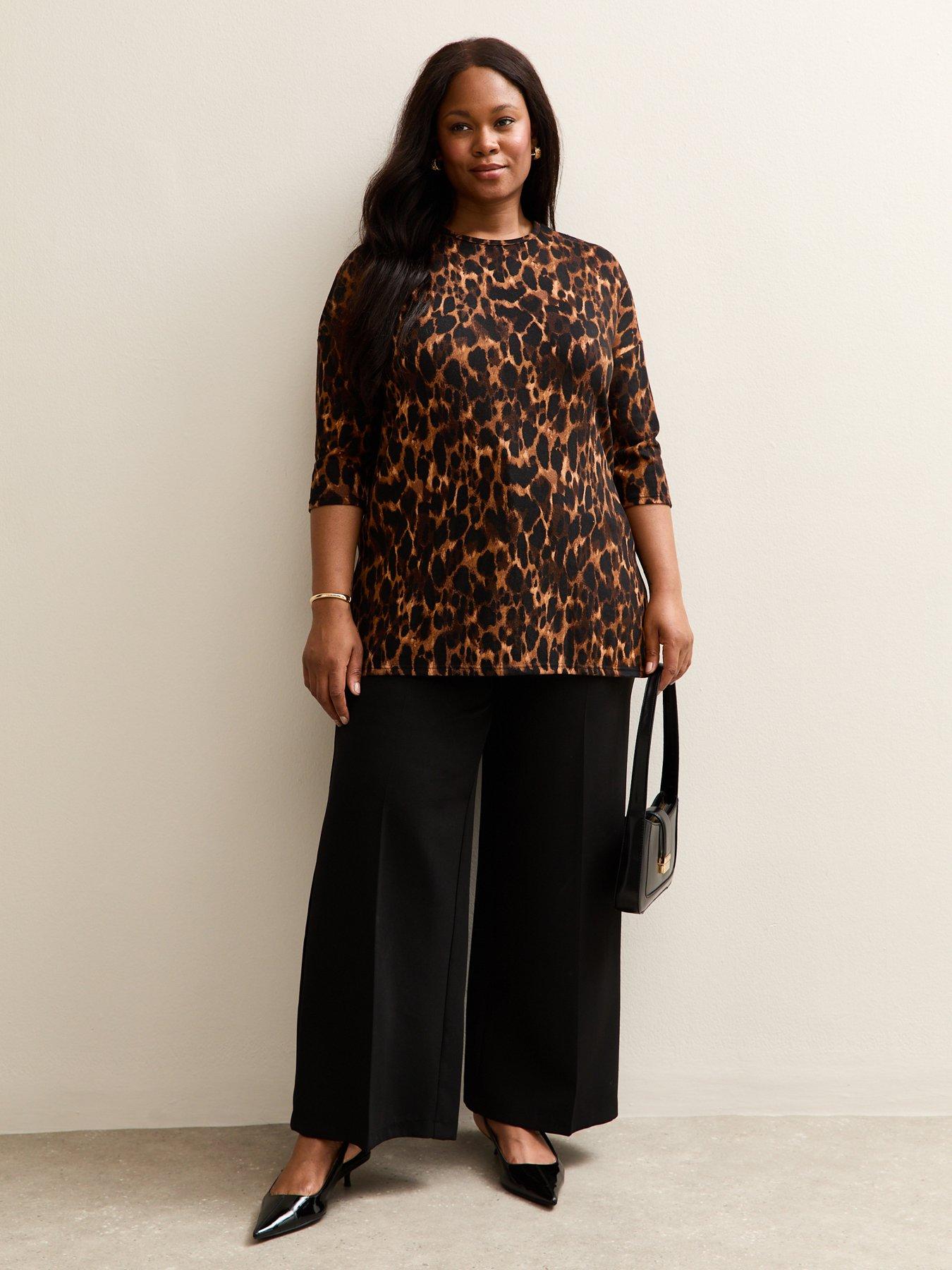 Image 1 of 5 of New Look Curves Brown Soft Touch Leopard Print Top