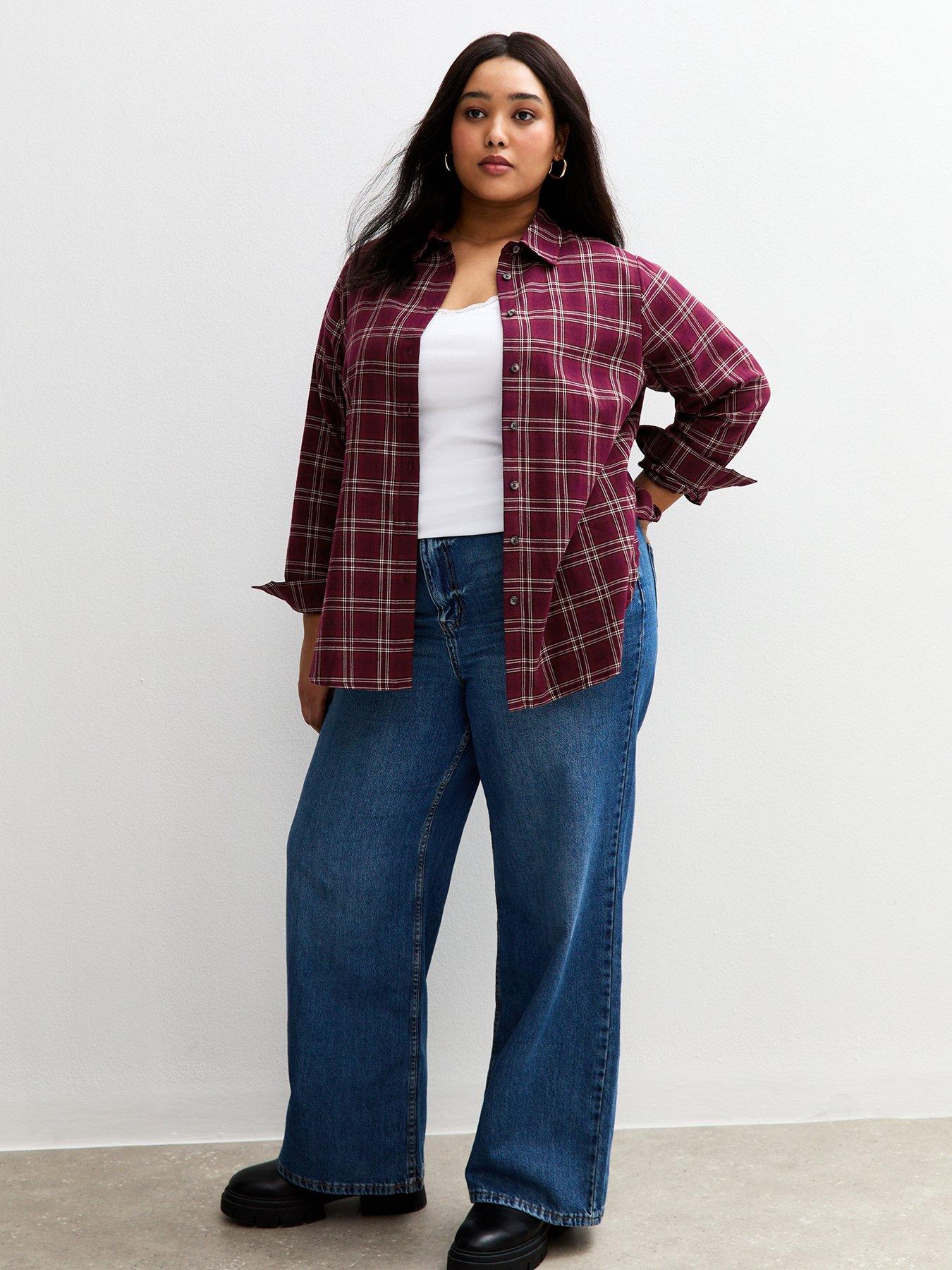 Image 3 of 6 of New Look Curves Checked Long Sleeve Shirt - Red