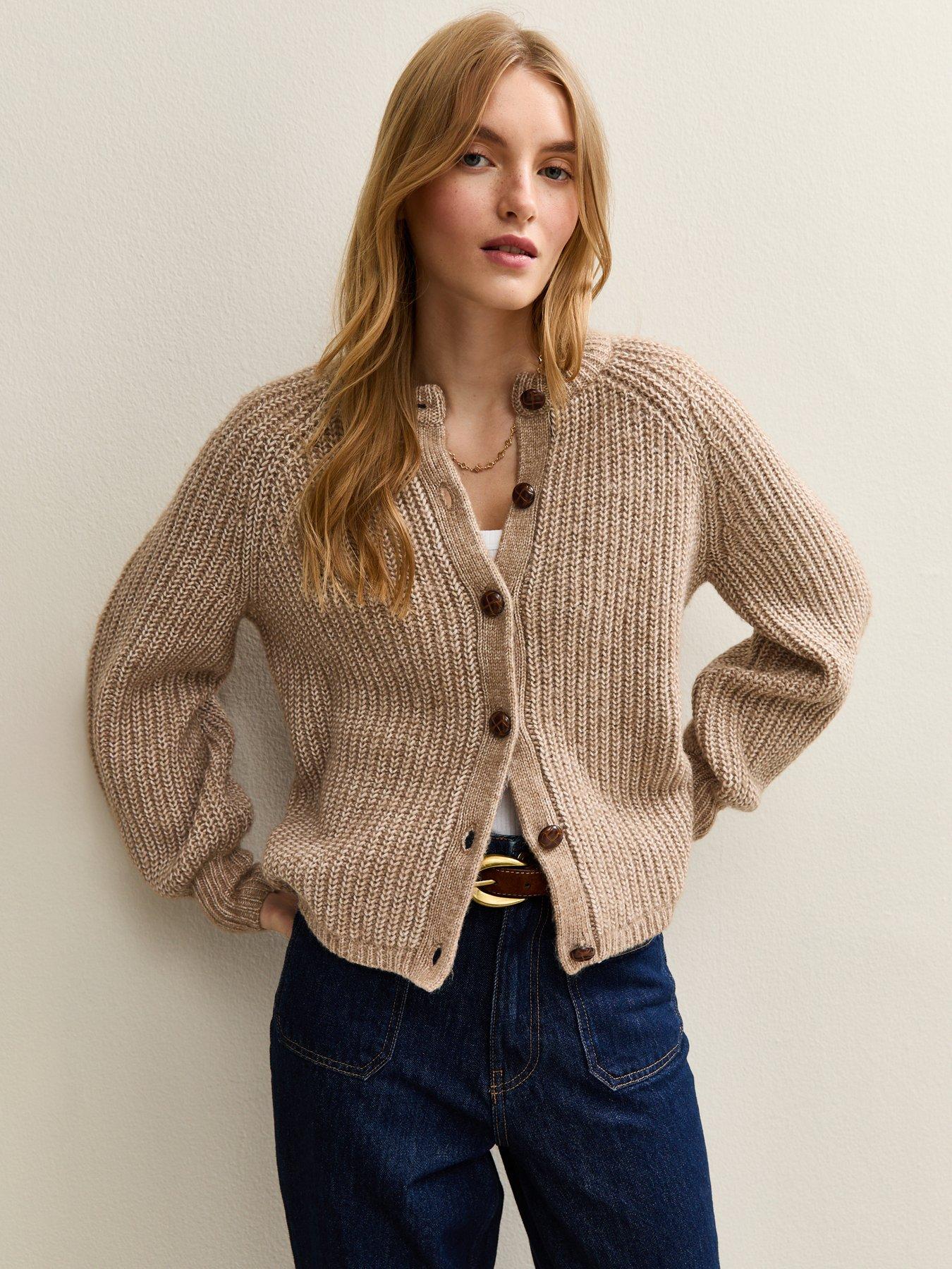 New Look Ribbed Knit Raglan Sleeve Cardigan - Brown
