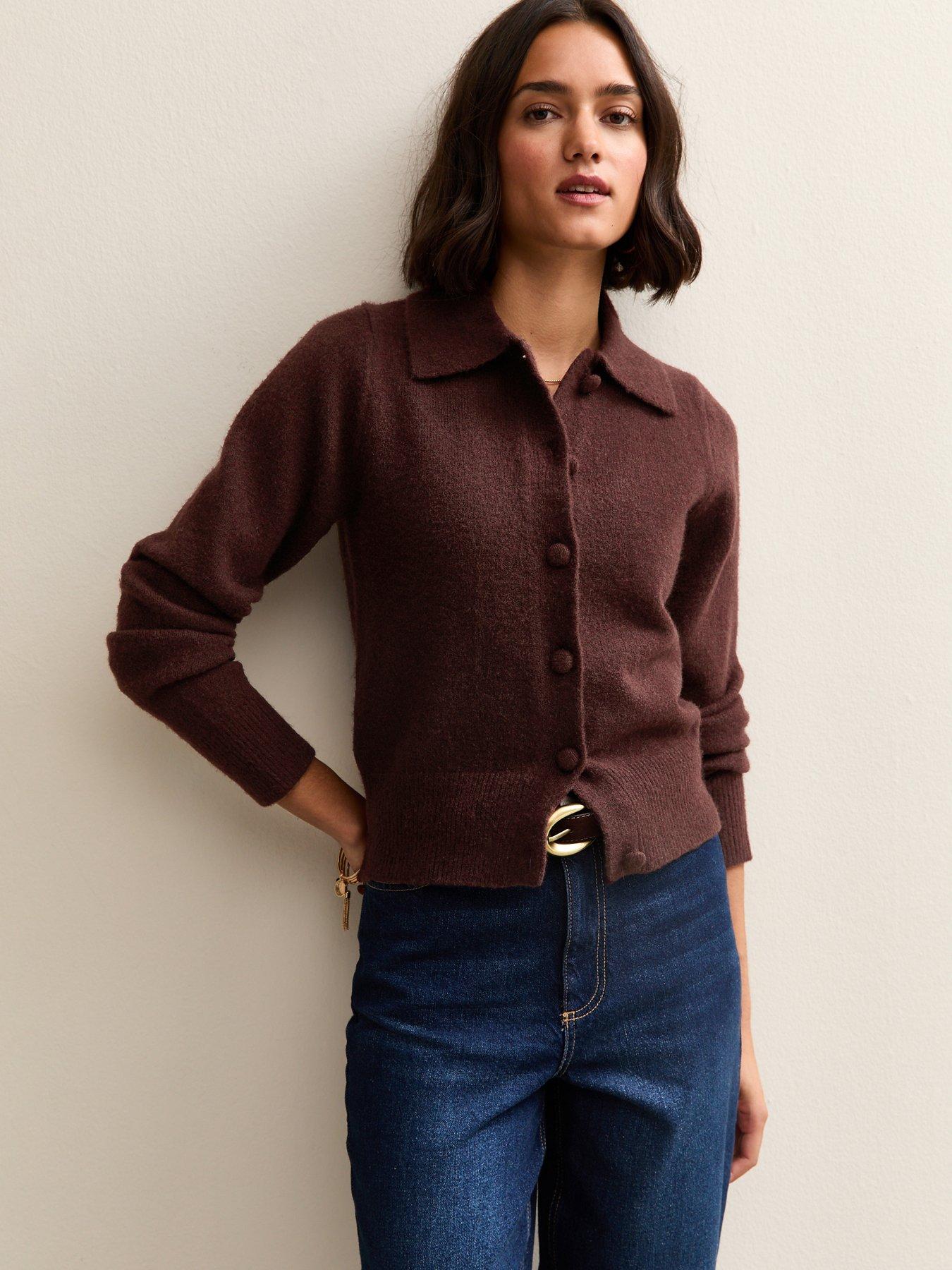 New Look Midweight Knit Collared Cardigan - Burgundy