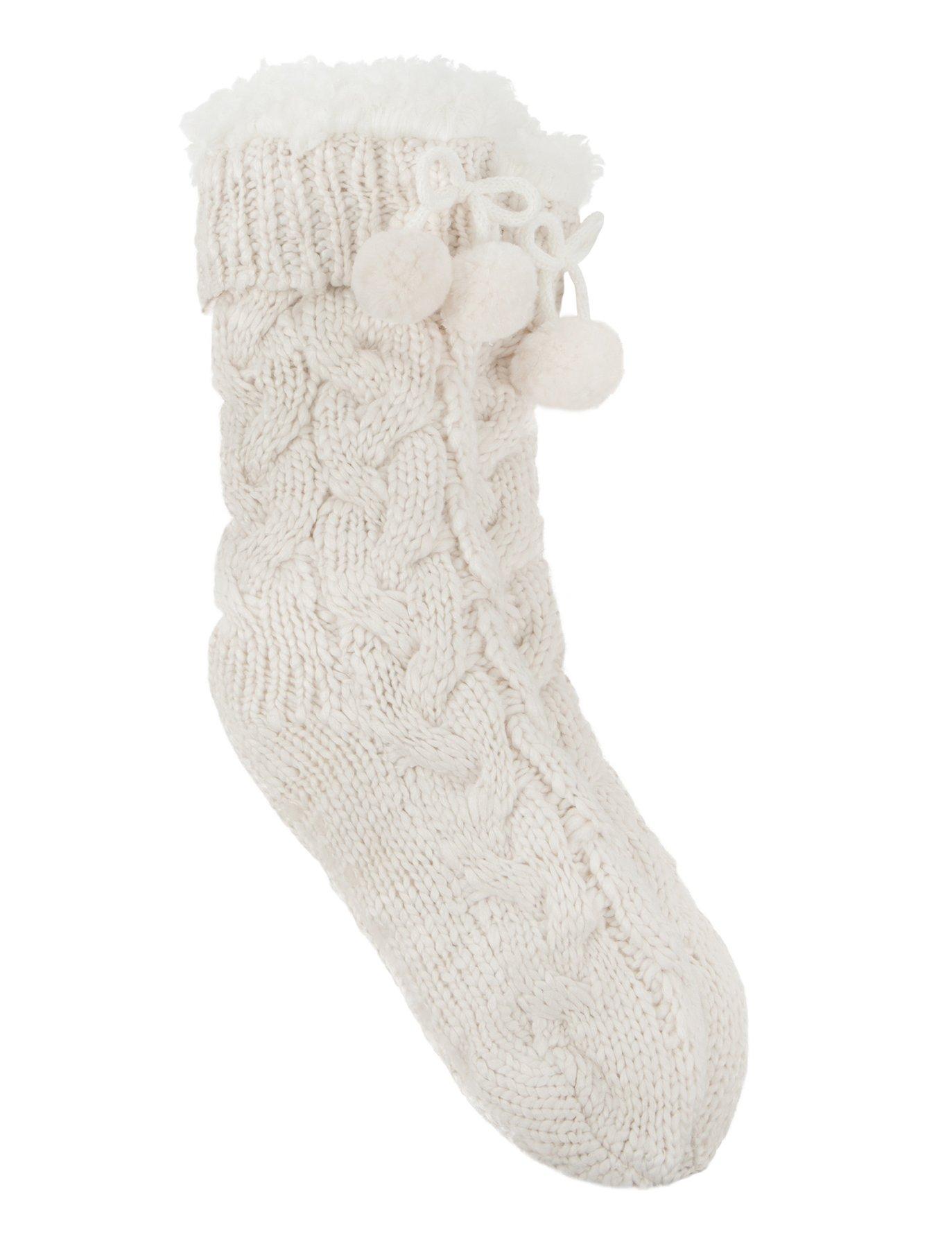TOTES Toasties Ladies Luxury Chunky Knit Slipper-sox With Tassel Trim - Cream