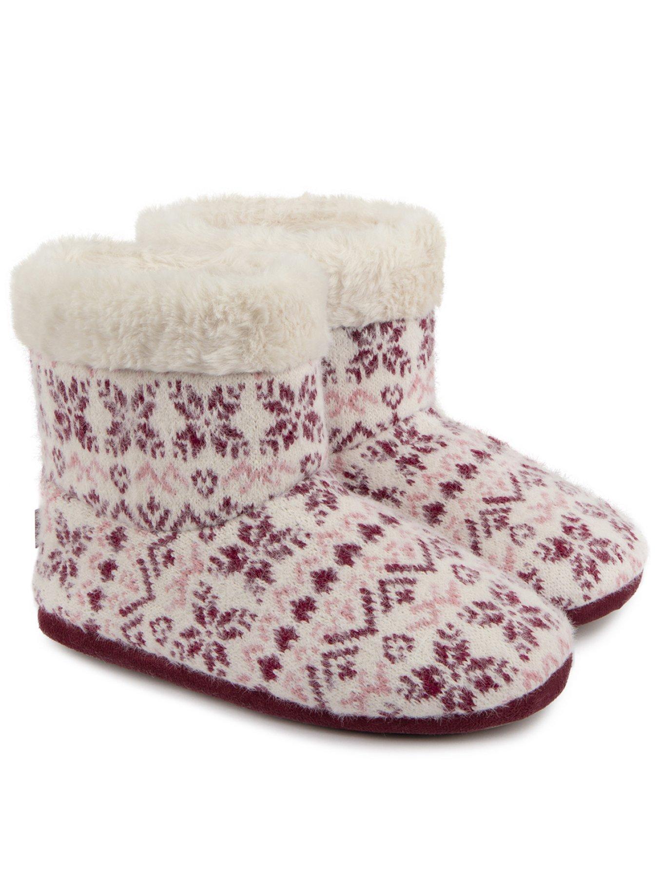 Totes Toasties Ladies Fair Isle Knit Boot Slippers With Faux Fur Cuff - Fair Isle