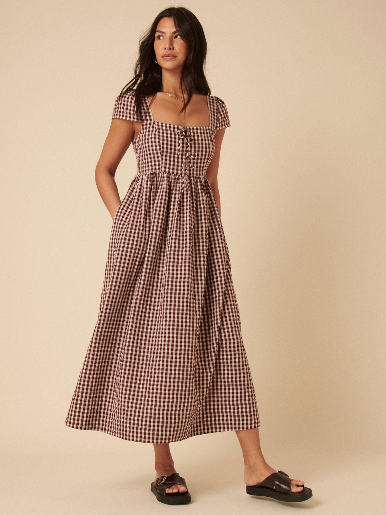 undefined Gingham Heidi Midi Dress - Brown