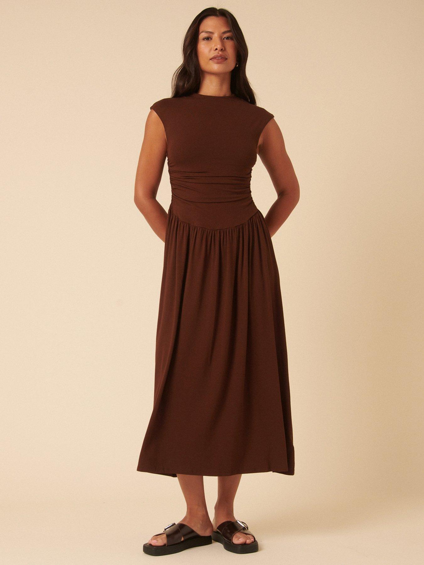 undefined Drop Waist Aubrey Midi Dress - Brown