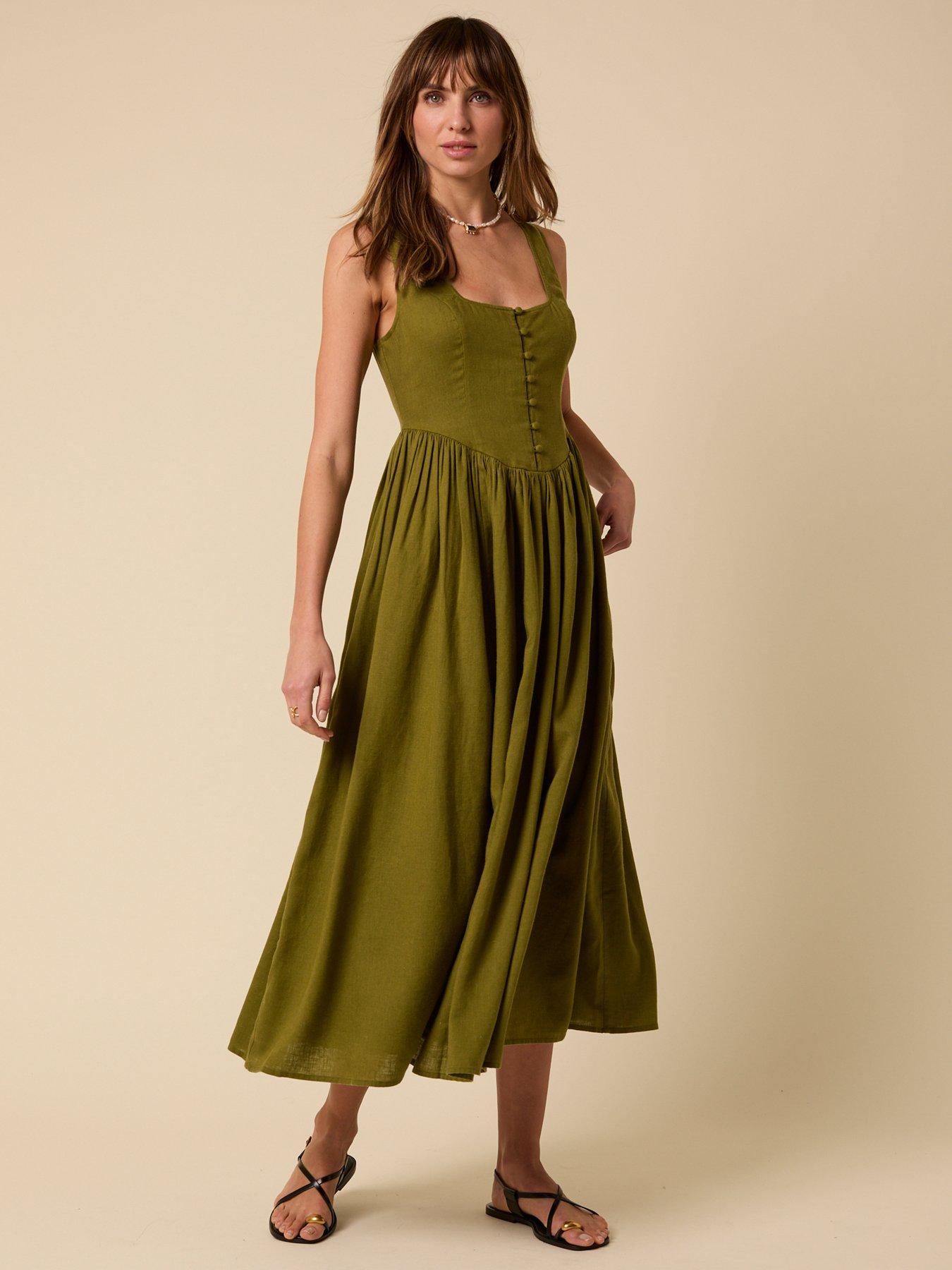 undefined Linen-Blend Drop Waist Cora Midi Dress - Green