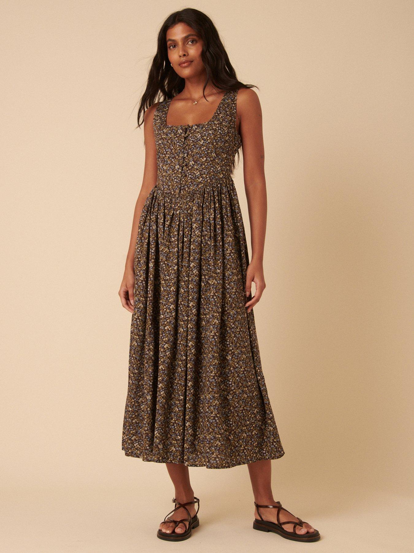 undefined Ditsy Floral Drop Waist Cora Midi Dress - Brown