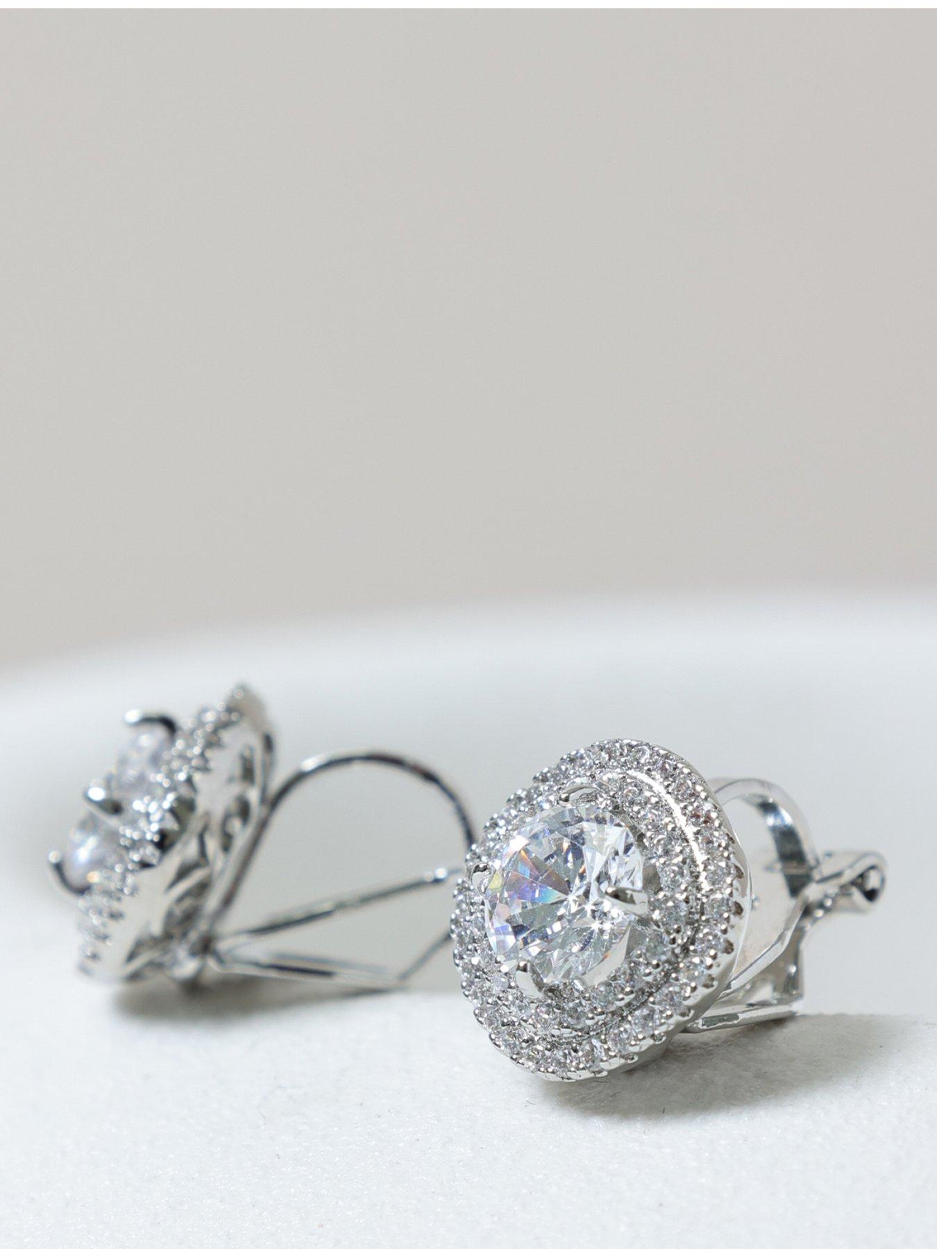 Jon Richard Rhodium Plated Double Halo Crystal Clip Earrings