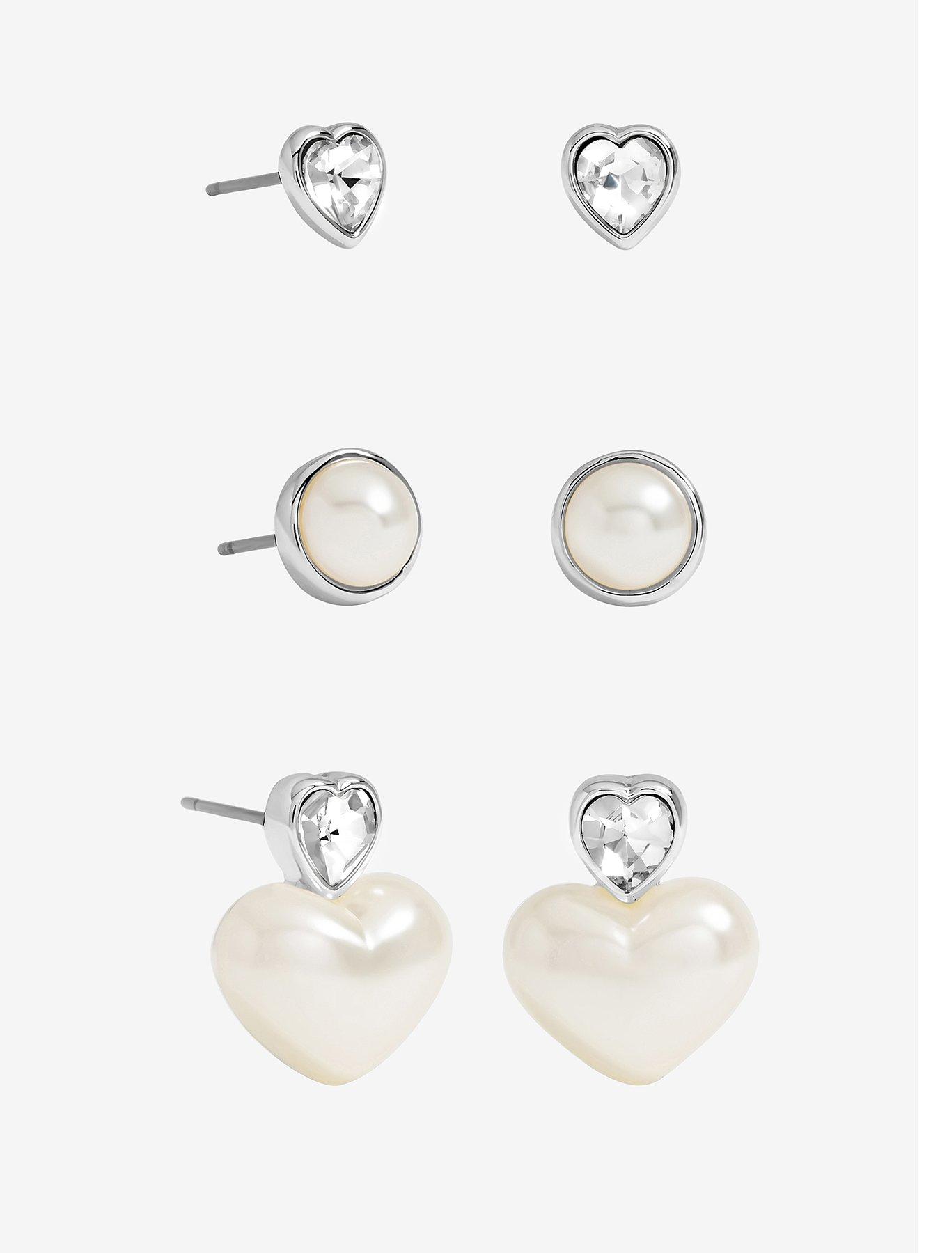 Mood Silver Crystal  &  Pearl Heart Earrings - Pack of 3 - Silver