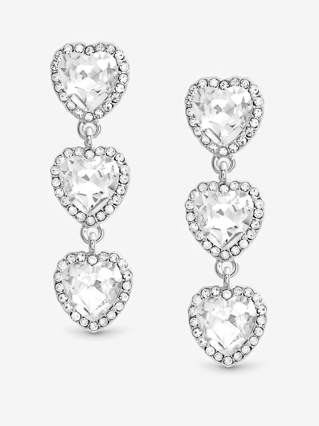 undefined MOOD SILVER CRYSTAL HEART TRIPLE DROP STATEMENT EARRINGS