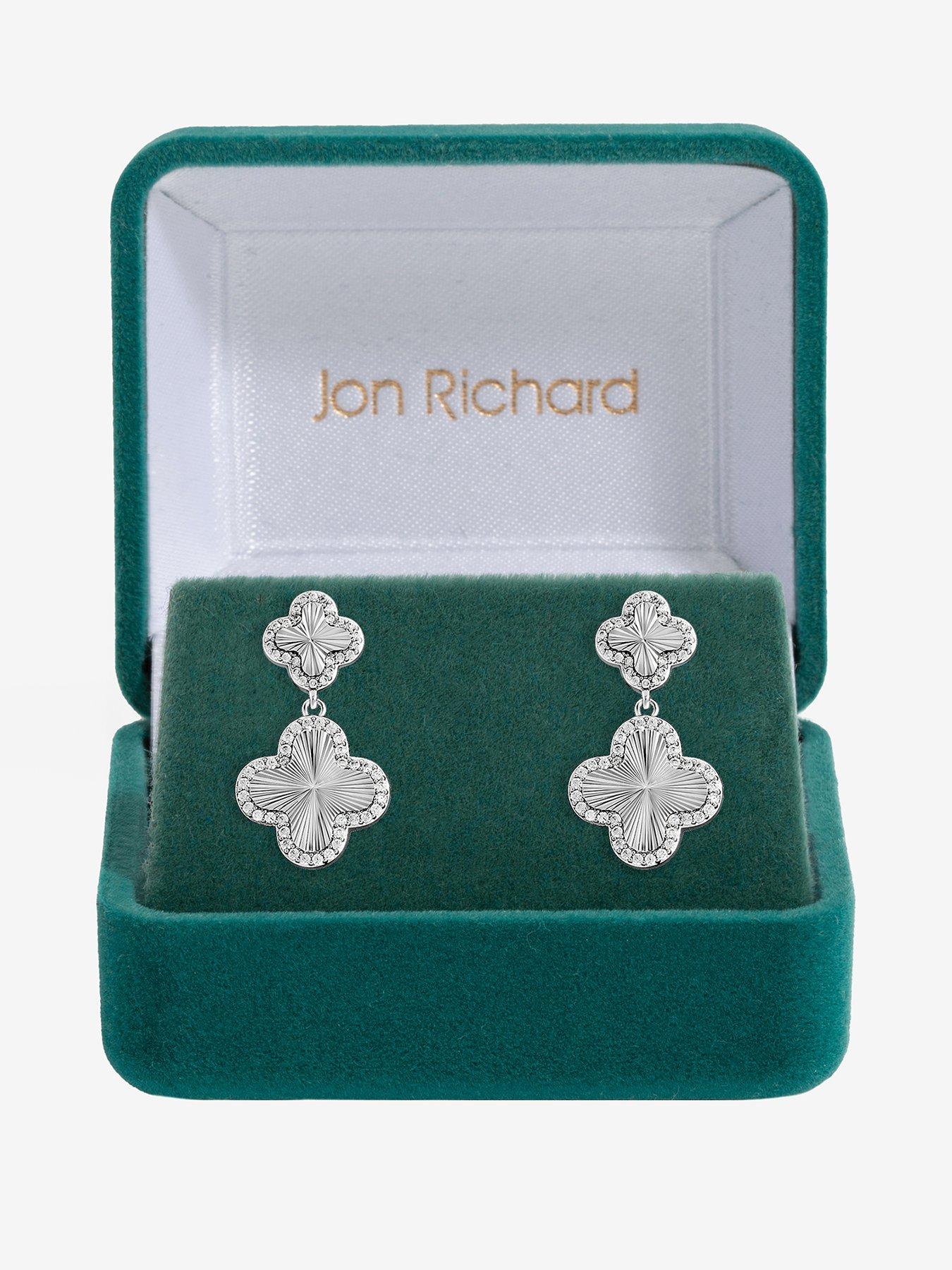 Jon Richard: Rhodium Plated and Diamond Clover Double Drop Earrings - Gift Box