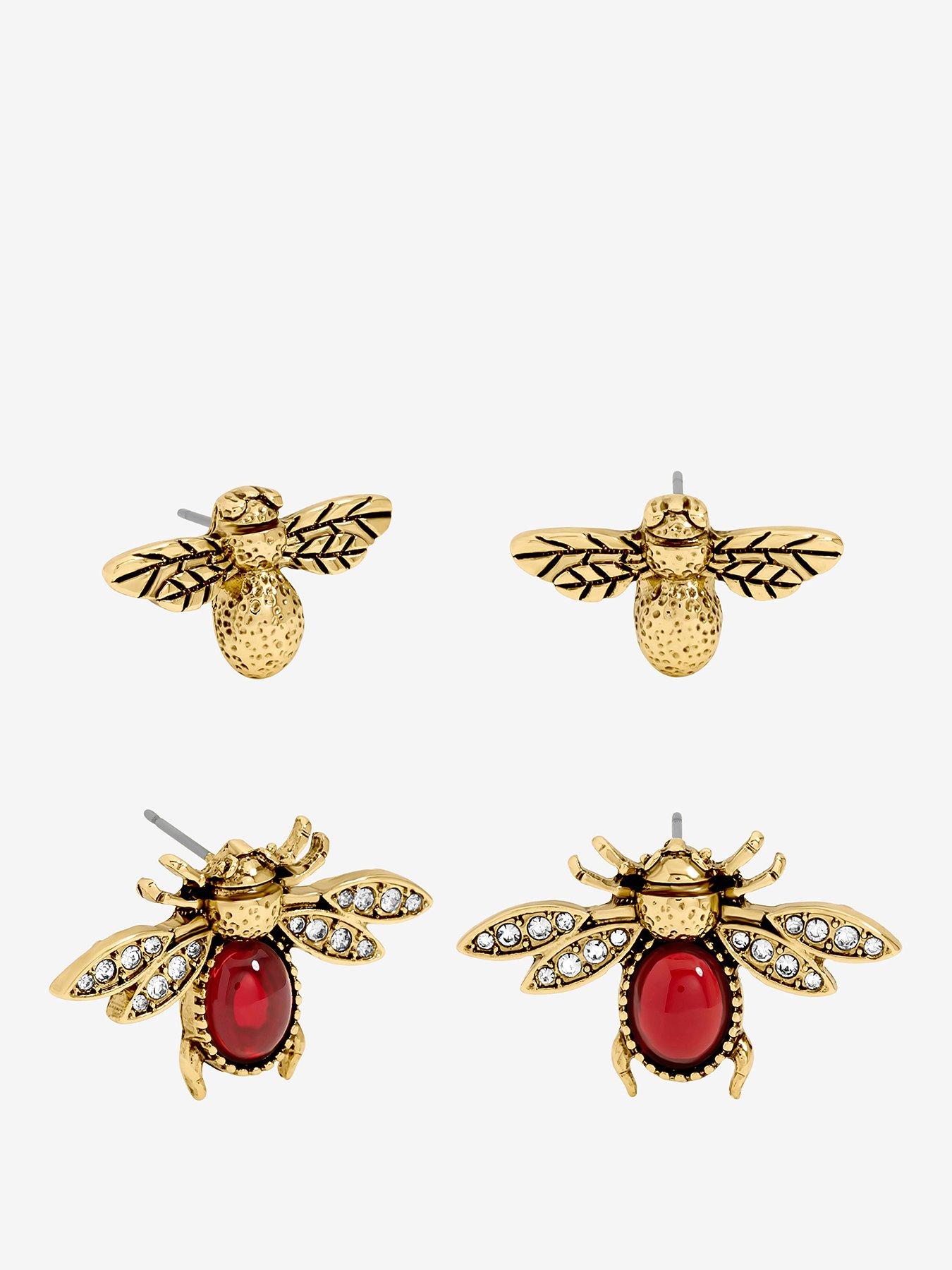 undefined Antique Gold Polished  &  Red Insect Stud Earrings - Pack Of 2