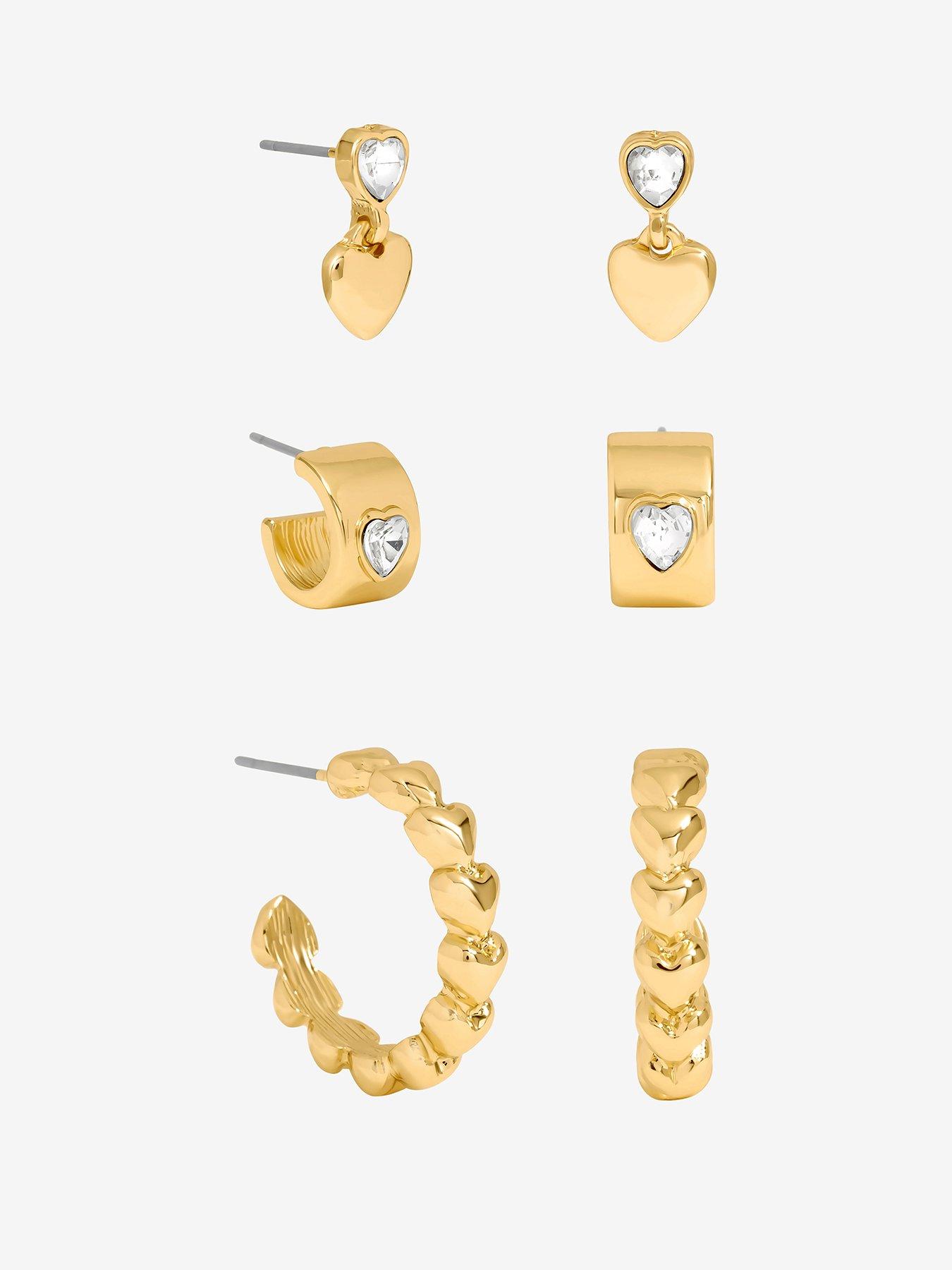 Mood Gold Polished  &  Crystal Heart Earrings - Pack Of 3