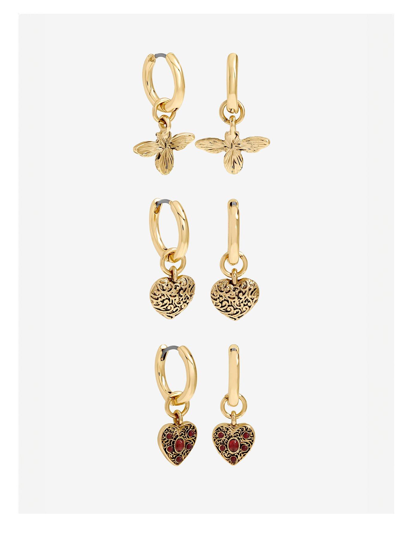 Mood Antique Gold  &  Red Resin Heart Huggie Earrings - Pack Of 3