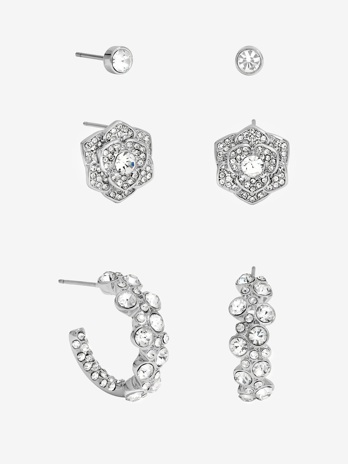 Mood Silver Floral Crystal Stud  &  Hoop Earrings - Pack Of 3