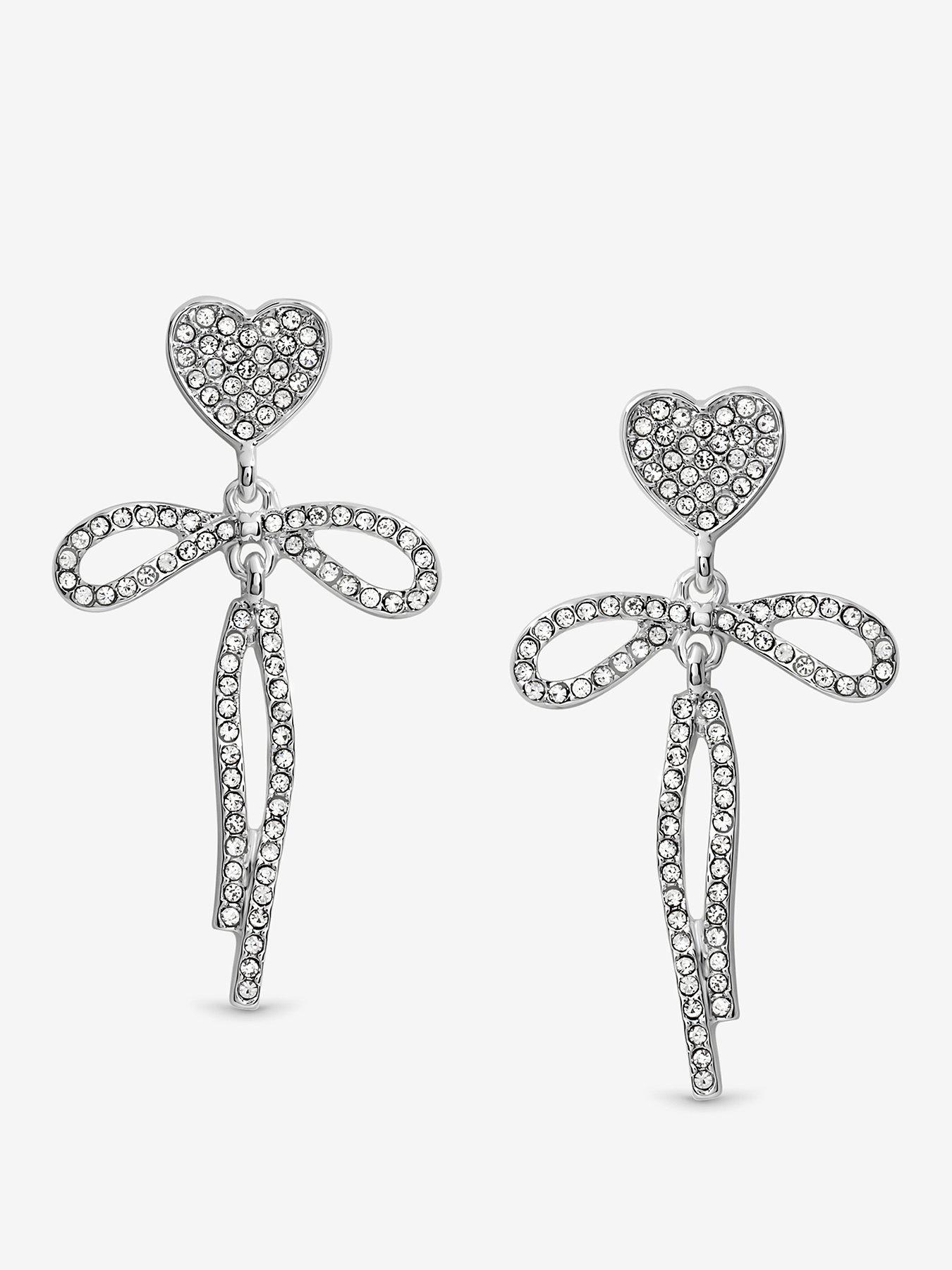 Mood Silver Crystal Dainty Heart  &  Bow Drop Earrings - Silver
