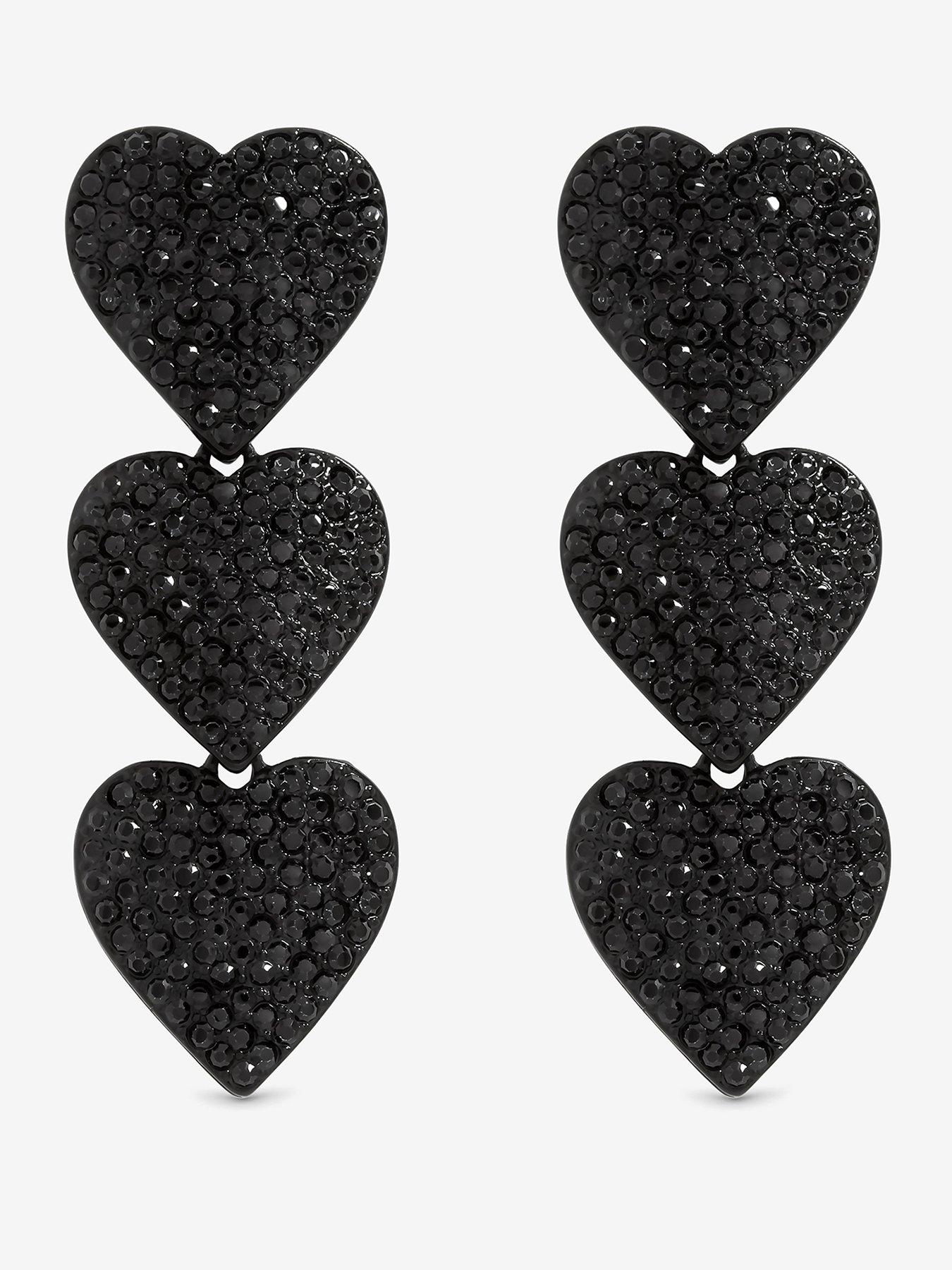 undefined Jet and Crystal Triple Heart Drop Statement Earrings