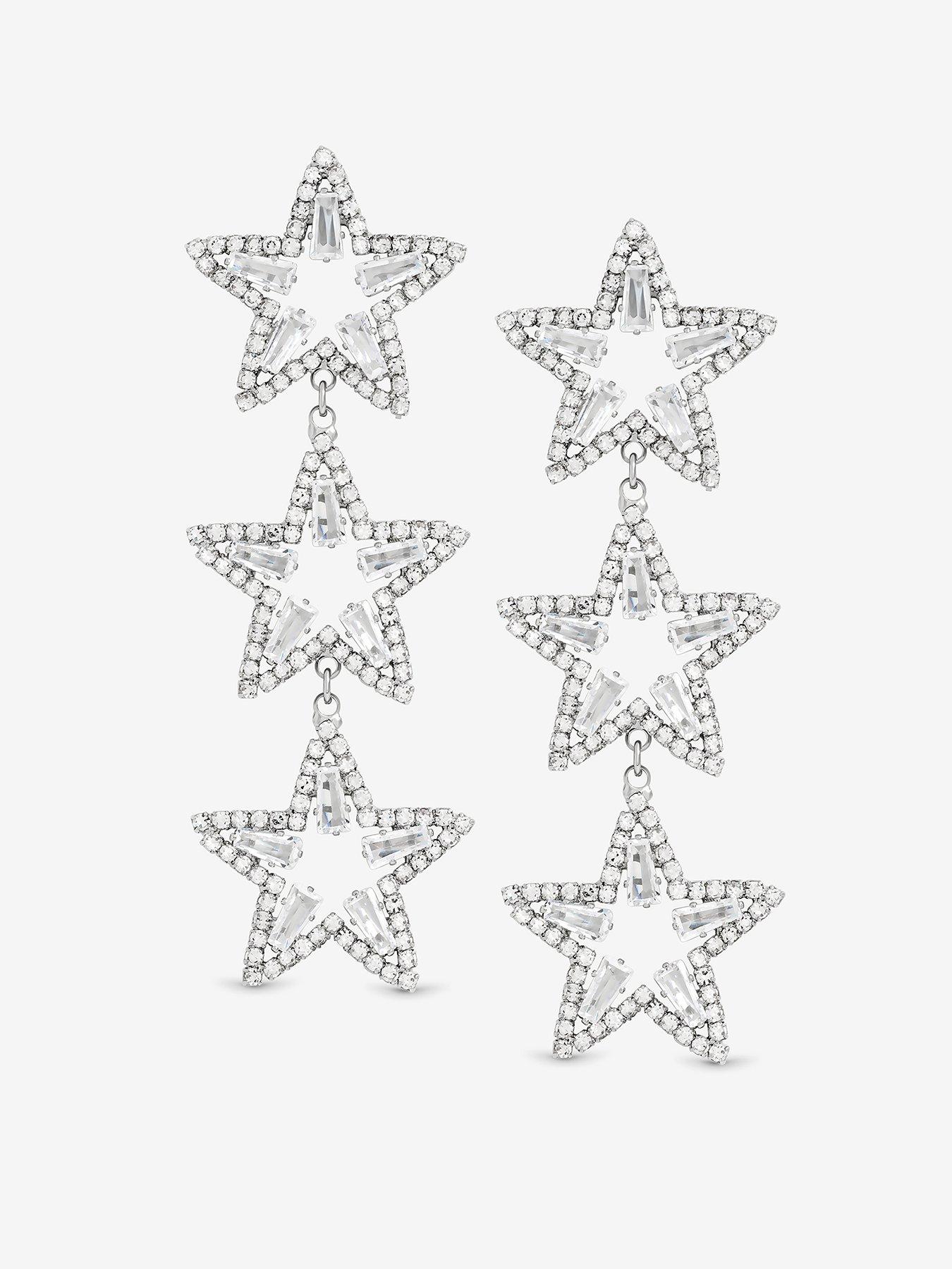 Mood Silver Crystal Triple Star Statement Drop Earrings
