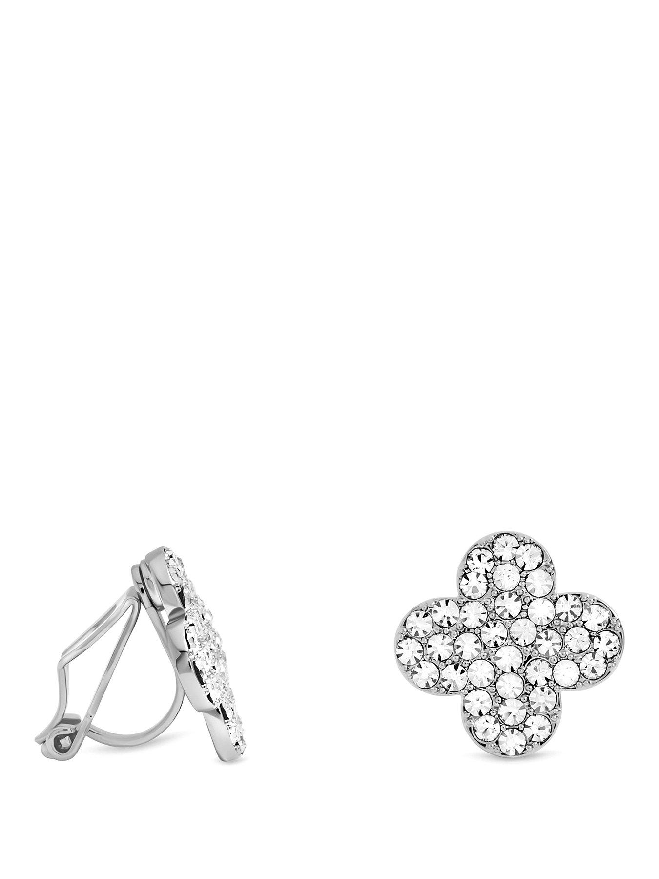 Jon Richard Silver Plated and Pave Clover Clip Earrings