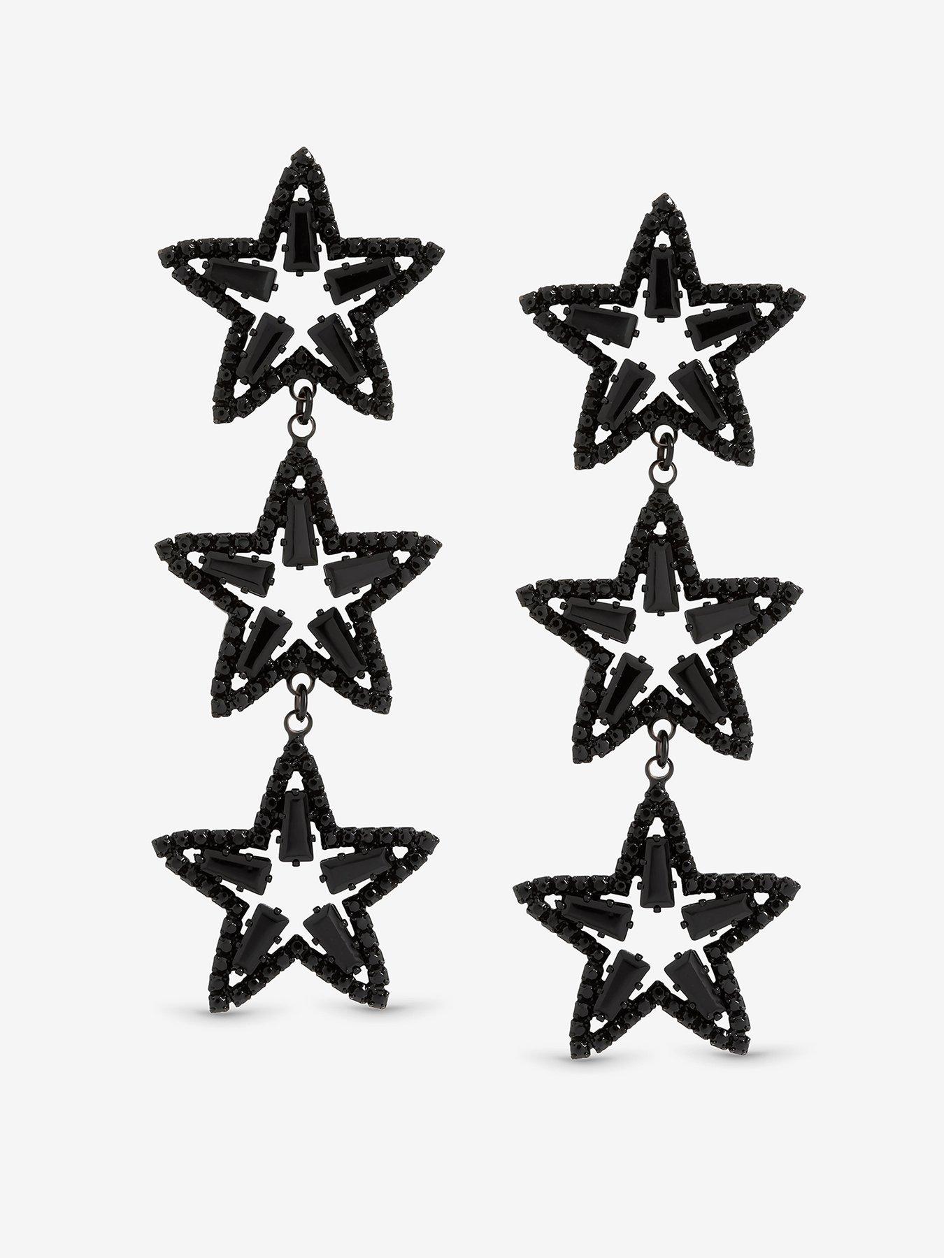 Mood Jet Crystal Triple Star Statement Drop Earrings
