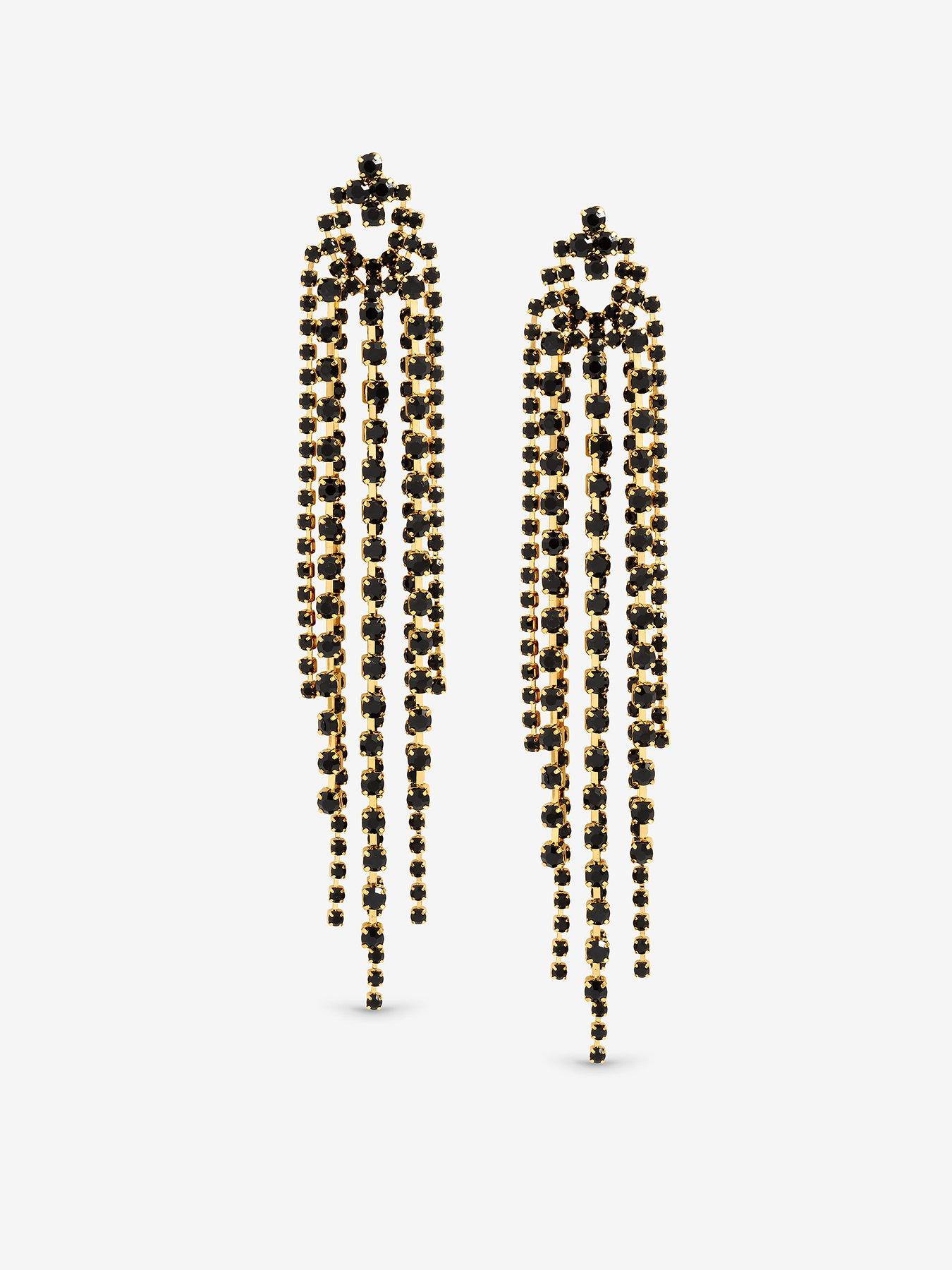 Mood Jet Crystal Multi Strand Long Statement Drop Earrings