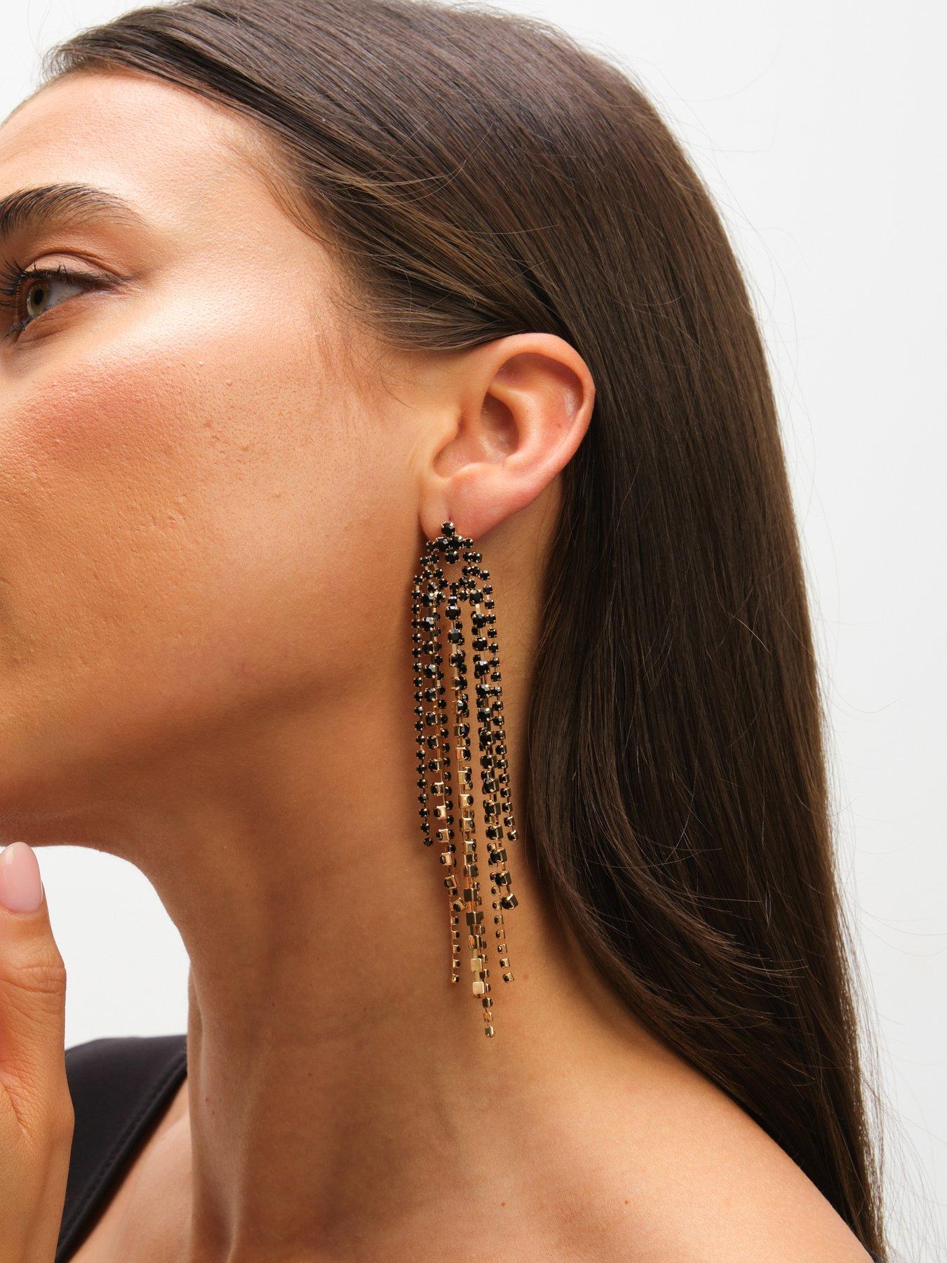 Image 2 of 3 of Mood Jet Crystal Multi Strand Long Statement Drop Earrings