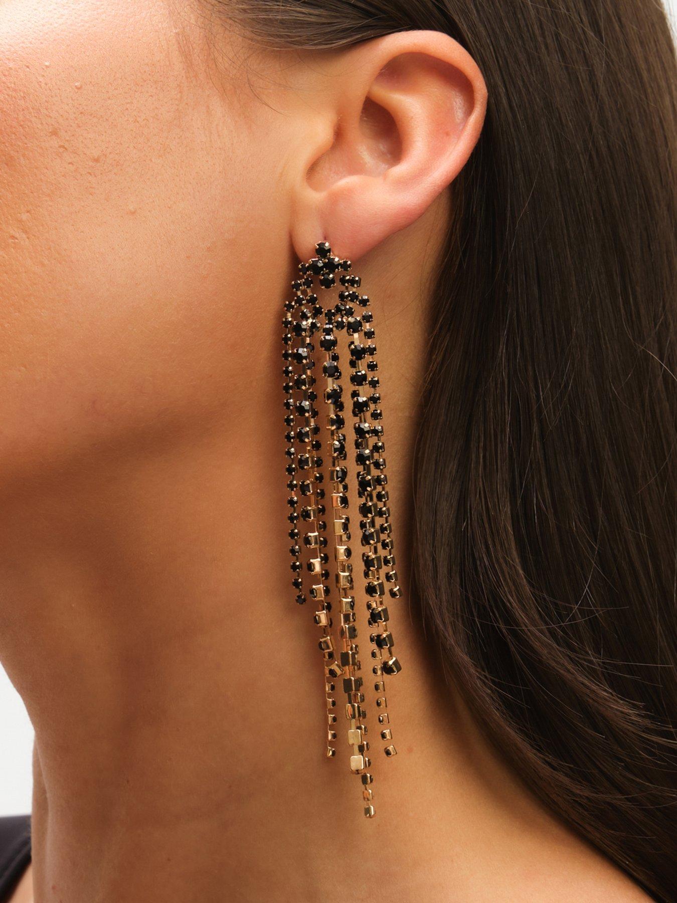 Image 3 of 3 of Mood Jet Crystal Multi Strand Long Statement Drop Earrings