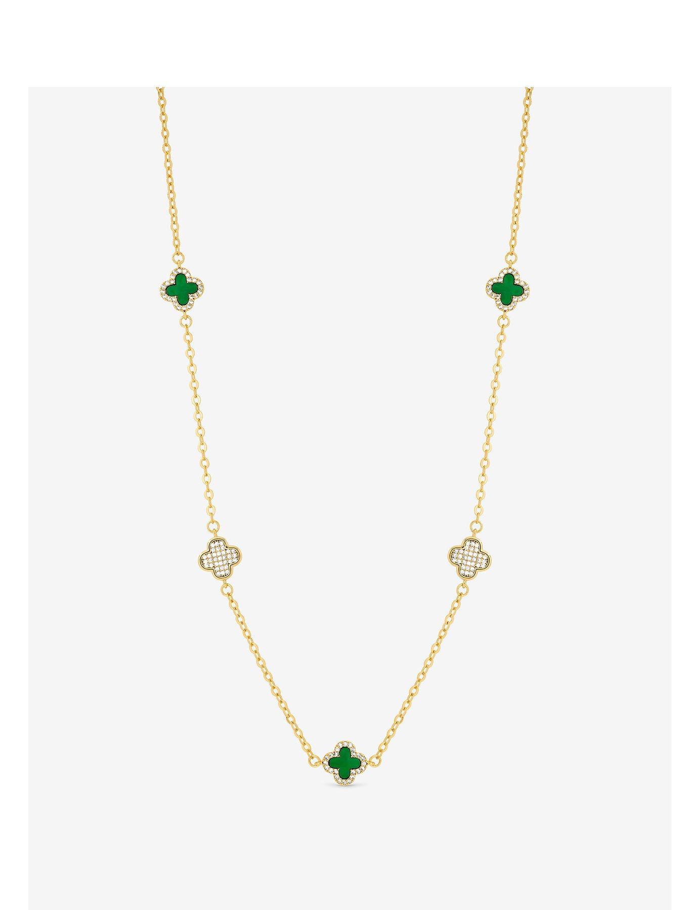 undefined Gold Plated Pave and Malachite Clover Necklace
