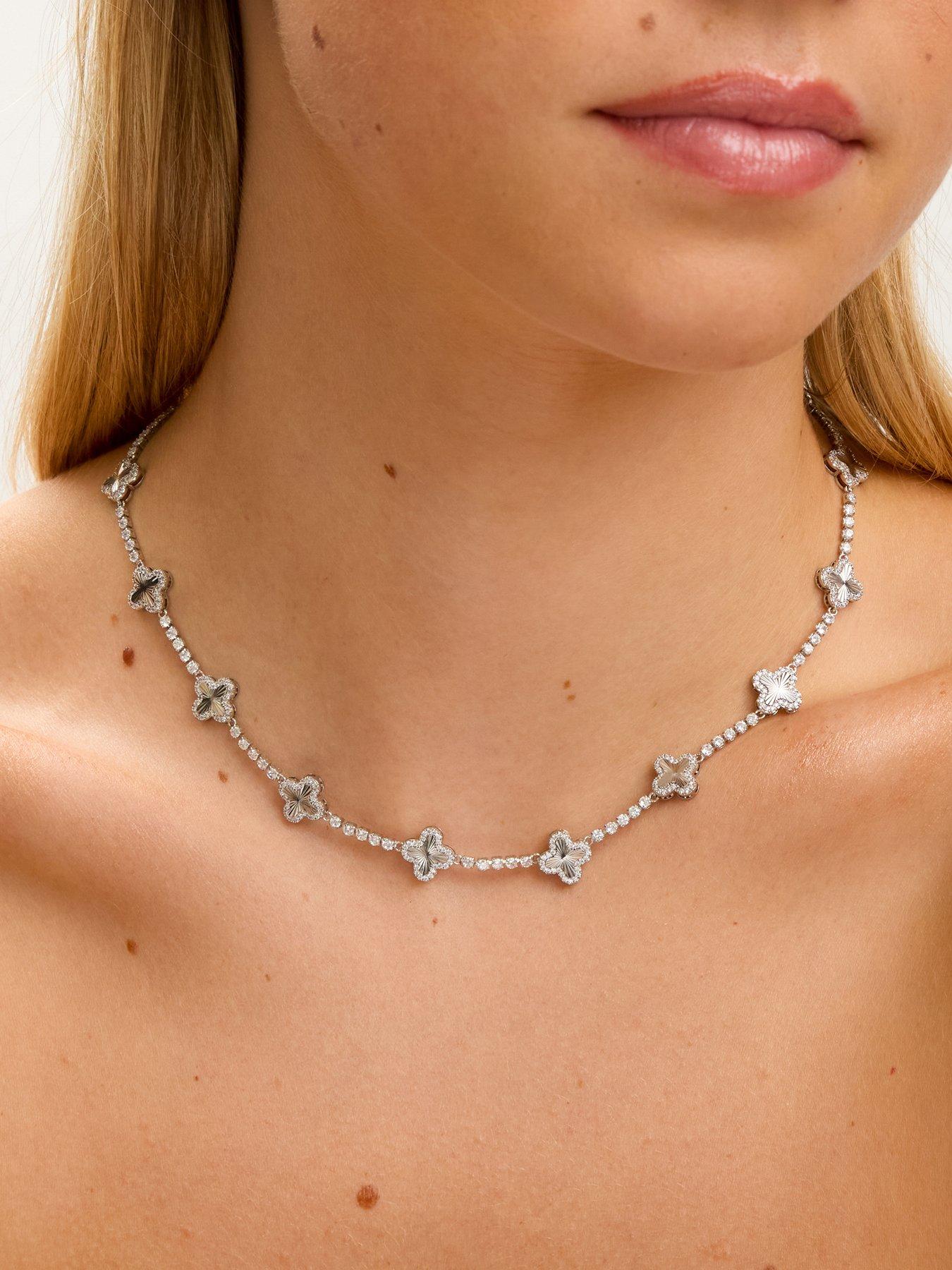 Jon Richard Rhodium Plated and Diamond Cut Station Clover Necklace - Gift Box
