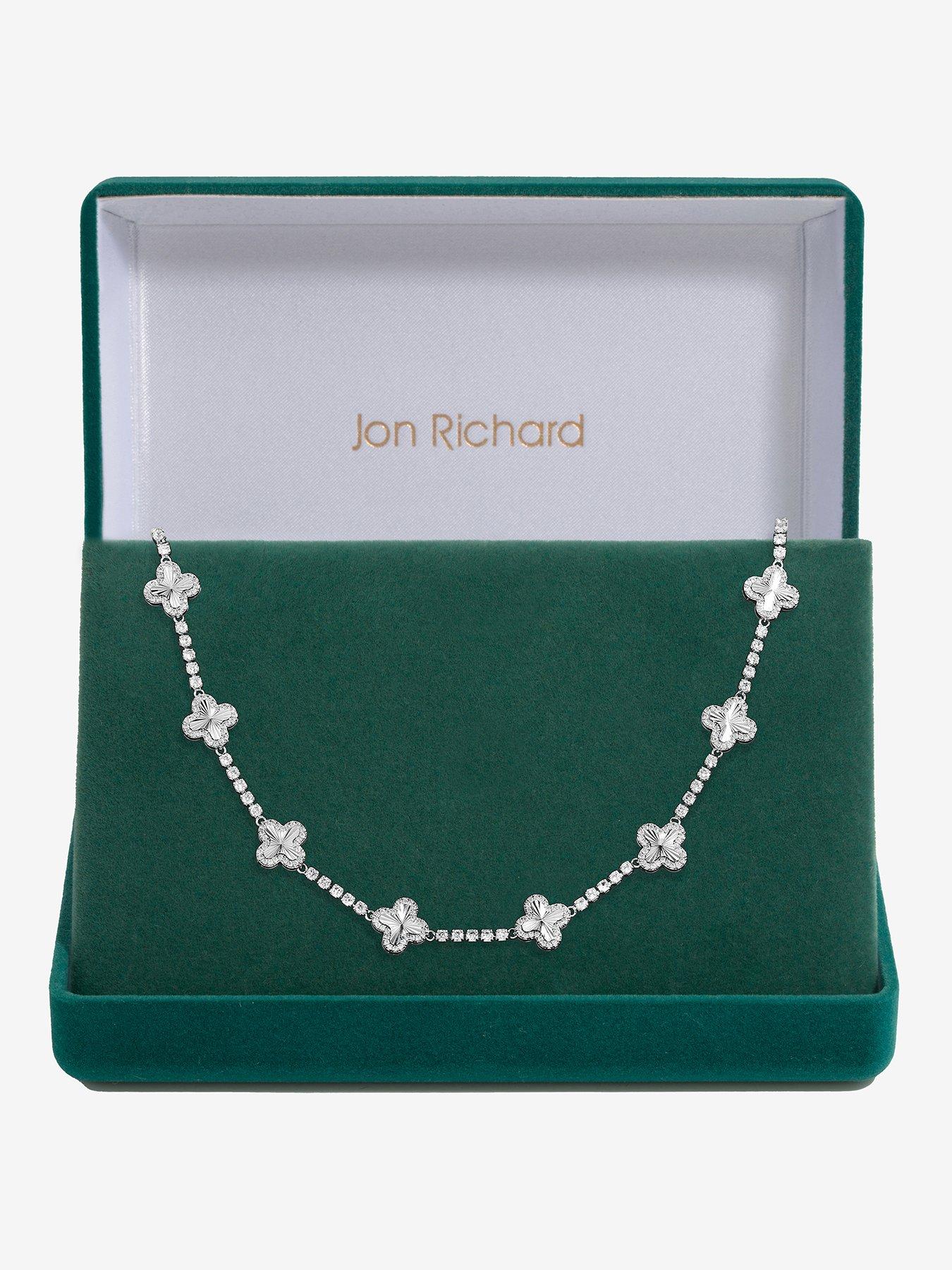 Jon Richard Rhodium Plated and Diamond Cut Station Clover Necklace - Gift Box