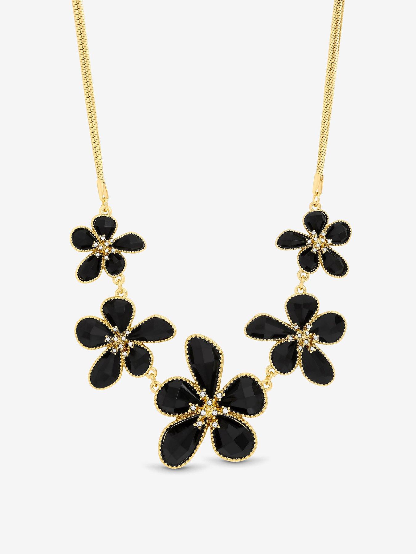 Mood Gold Crystal And Jet Glass Flower Neckalce