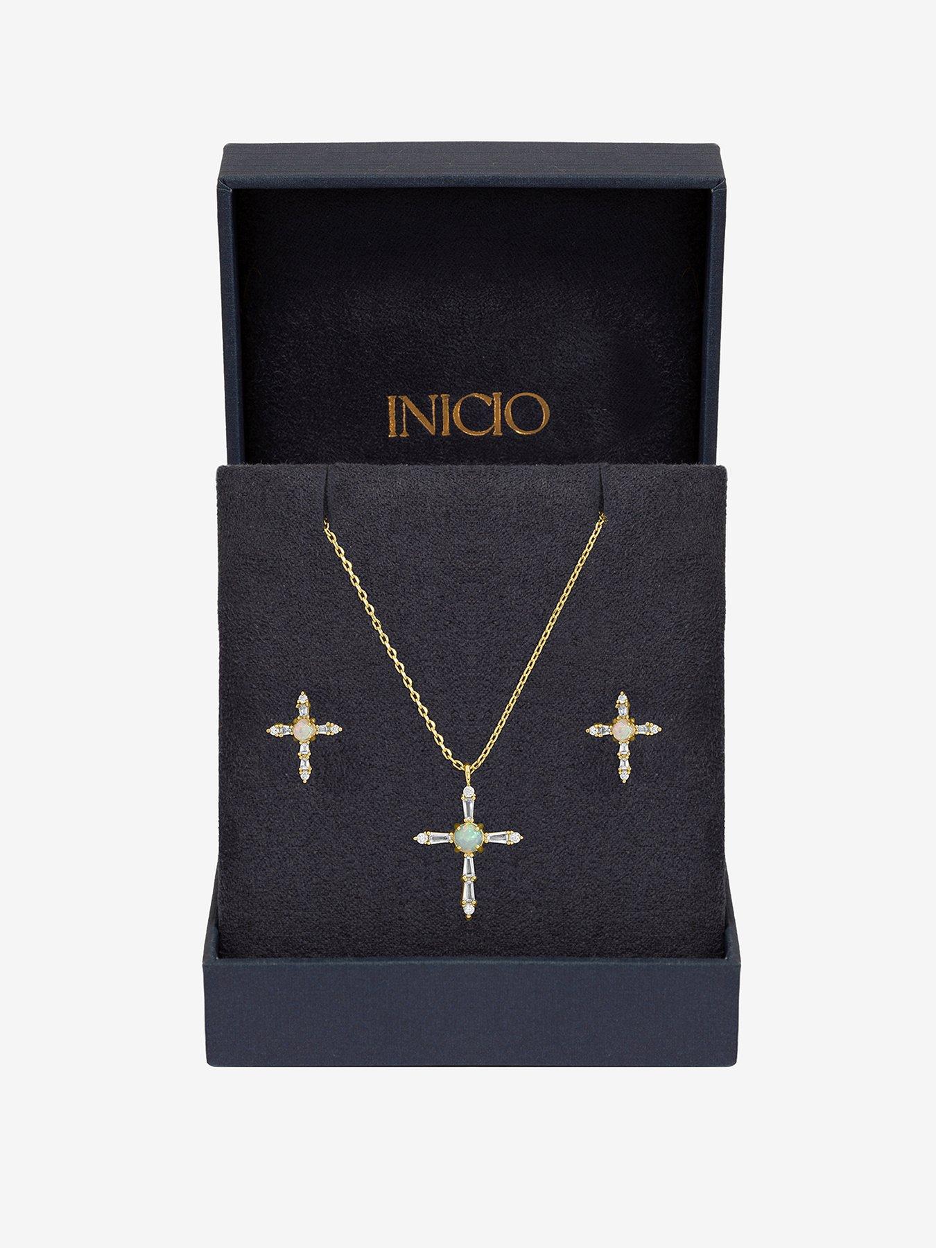 Inicio 14K Gold Plated Cubic Zirconia and Opal Cross Set - Gift Box