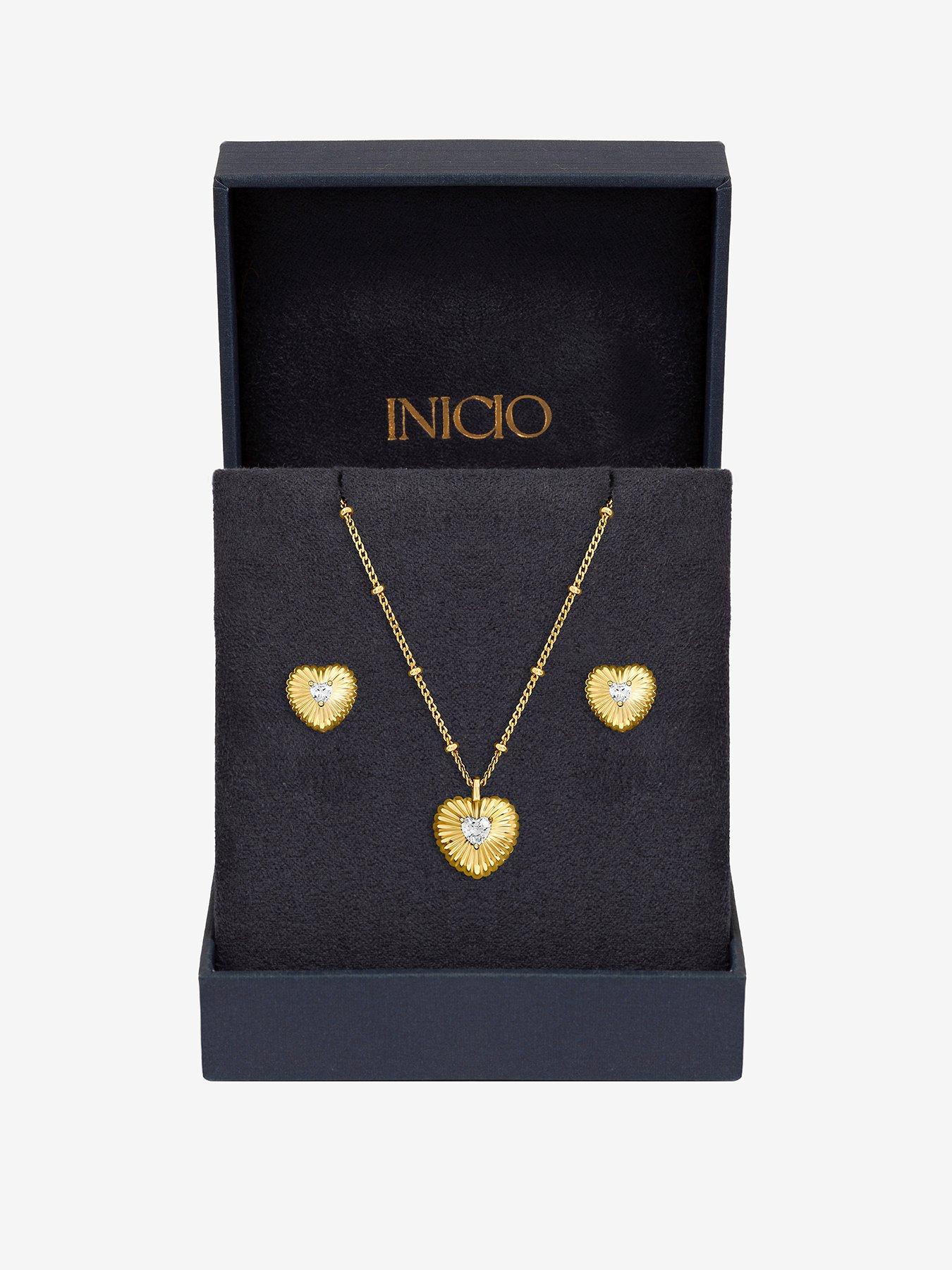 Inicio Gold Plated and Cubic Zirconia Ridged Heart Set - Gift Box