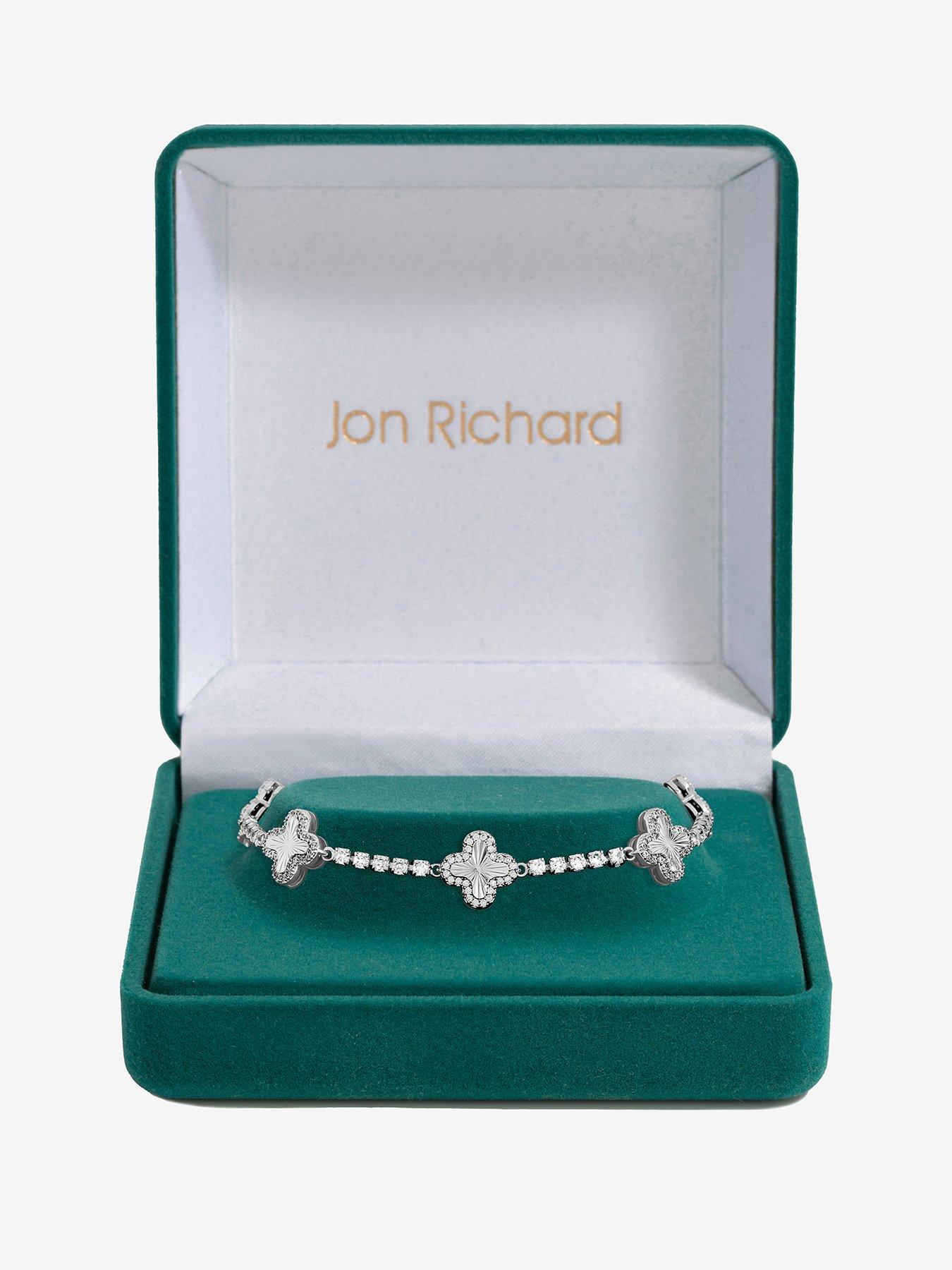 Jon Richard Rhodium Plated and Diamond Station Clover Bracelet - Gift Box