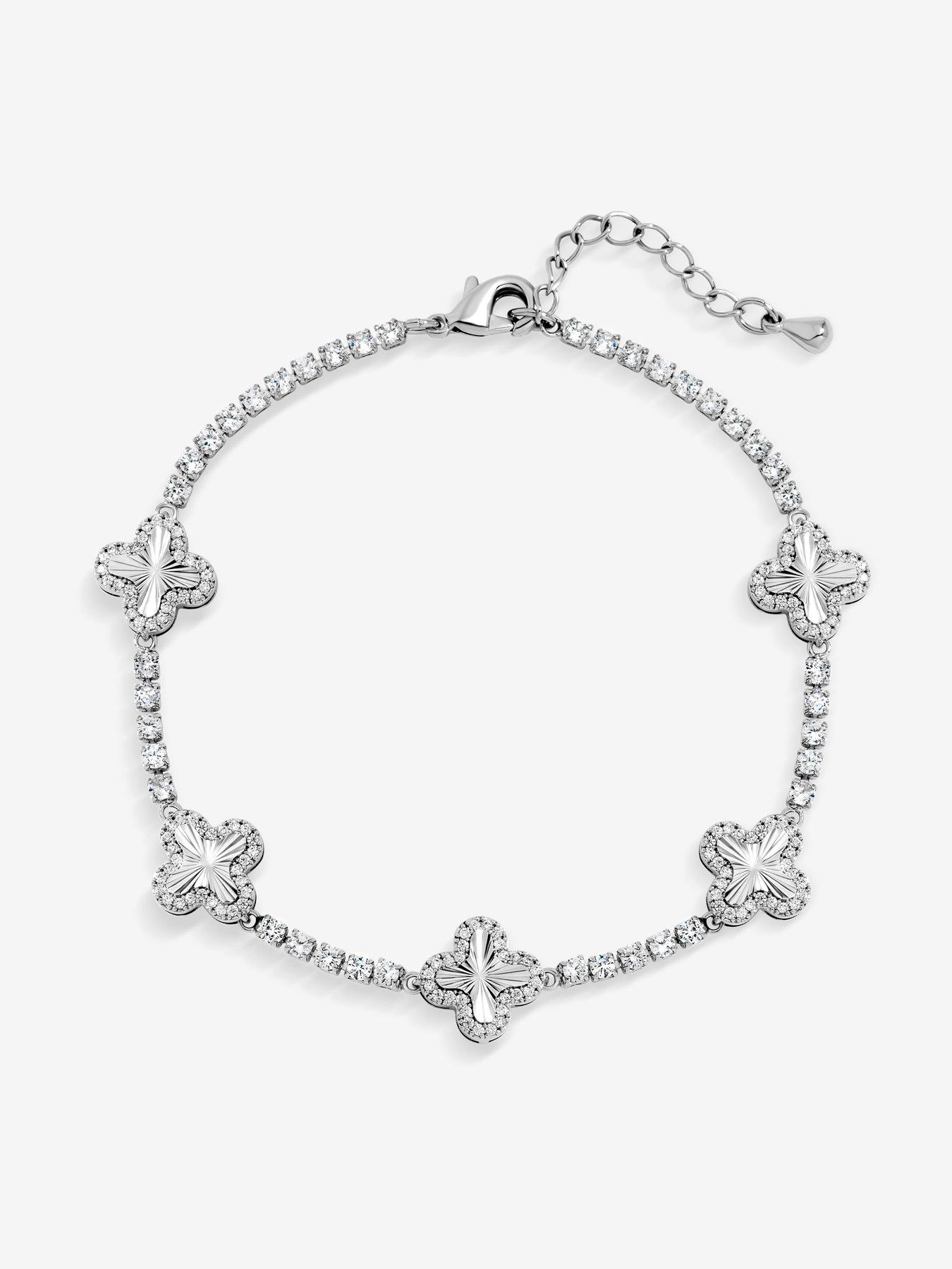 Image 2 of 4 of Jon Richard Rhodium Plated and Diamond Station Clover Bracelet - Gift Box