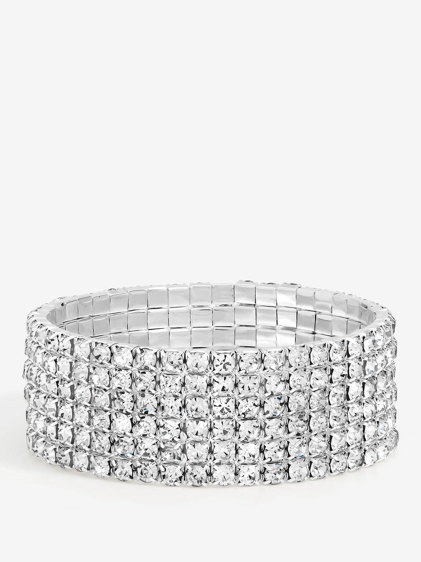 Mood Silver Crystal Multi Row Stretch Cuff
