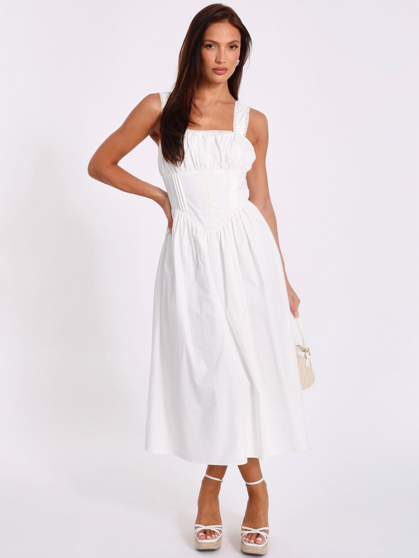 white christmas dresses Serenade Corset-Bodice Midi Dress with Feather and Beaded Appliqué – kalisa main image 0