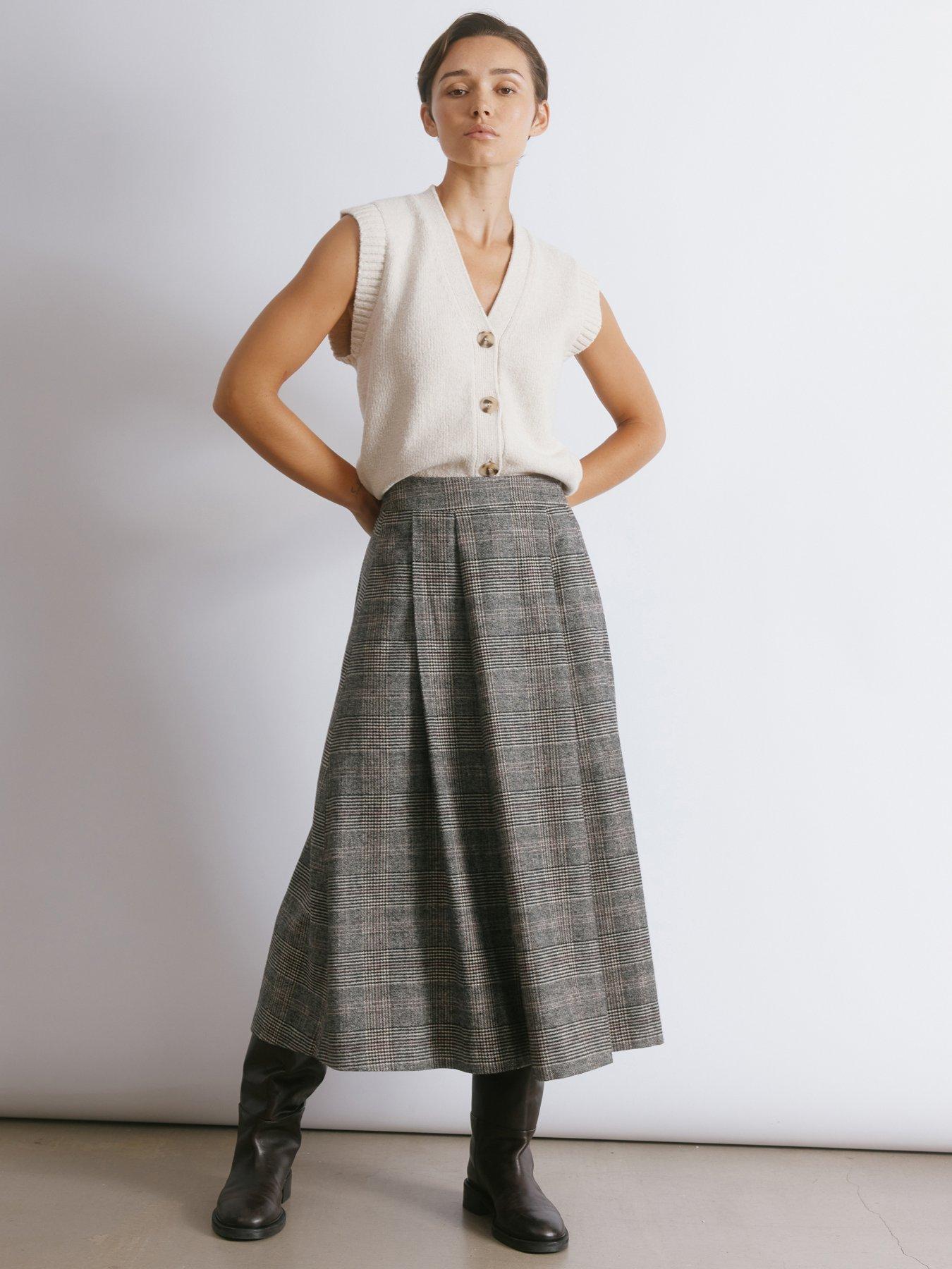 Albaray Check Pleat Midi Skirt - Grey