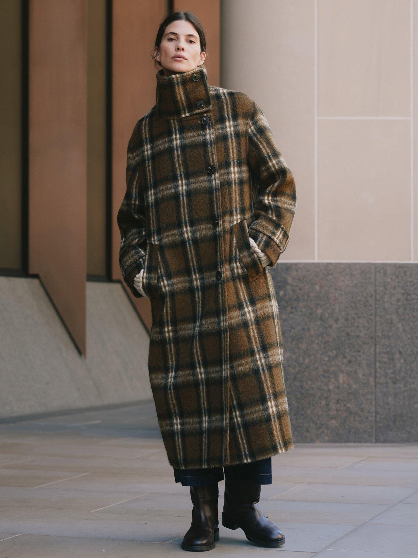 Albaray Check Funnel Neck Coat - Brown