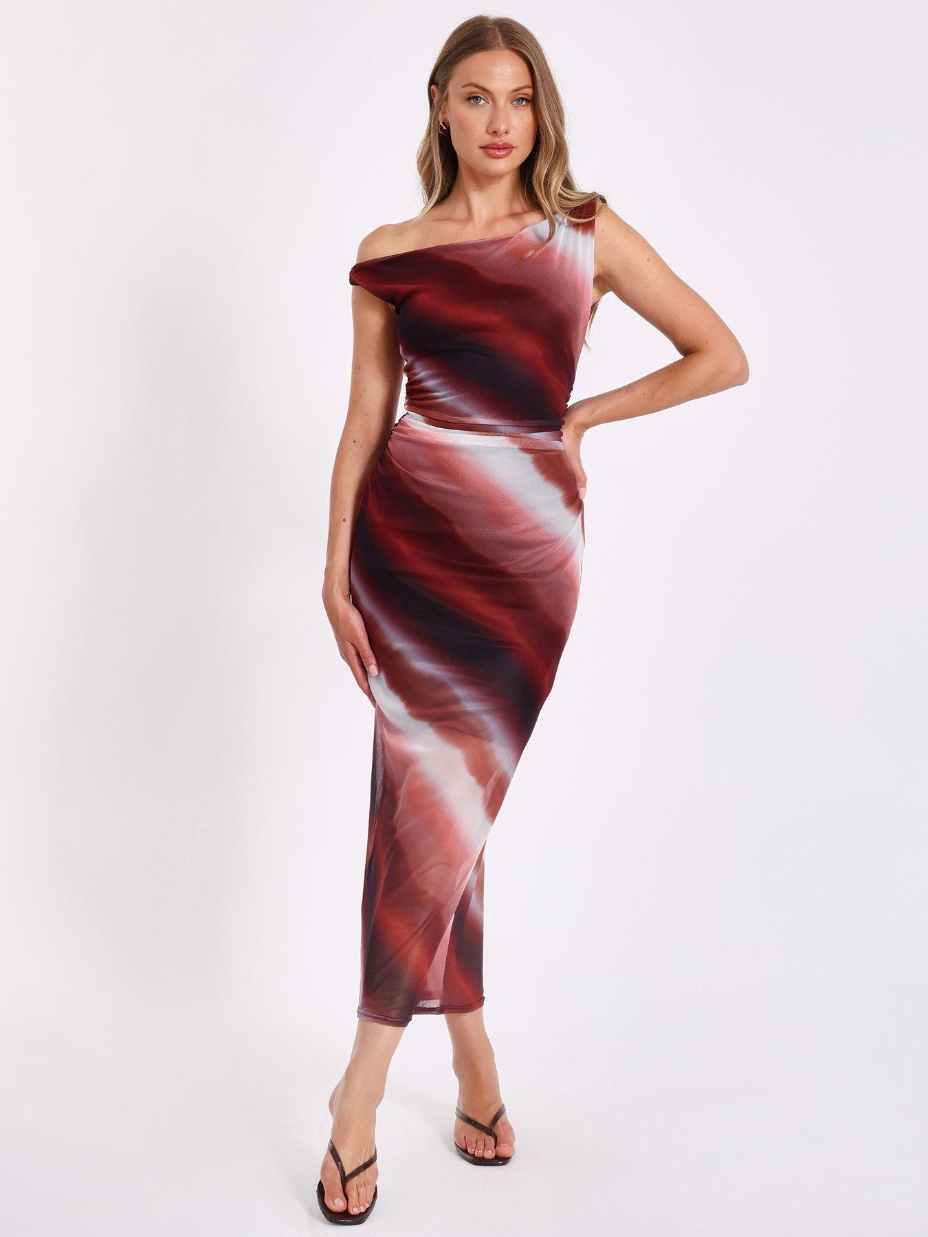 Image 1 of 6 of Quiz Brown Mesh Ombre Midaxi Dress