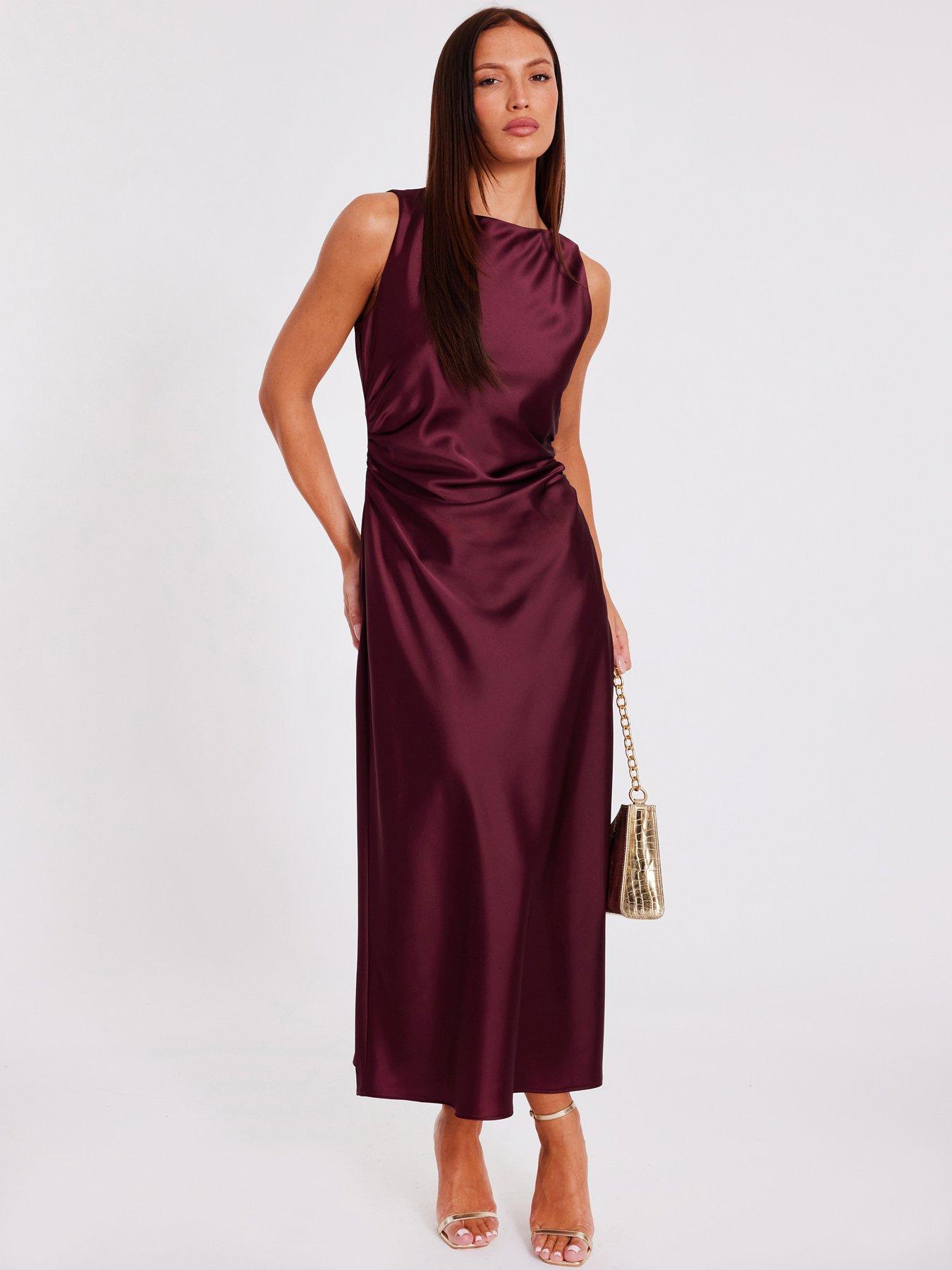 undefined Dark Red Satin Ruched Midaxi Dress