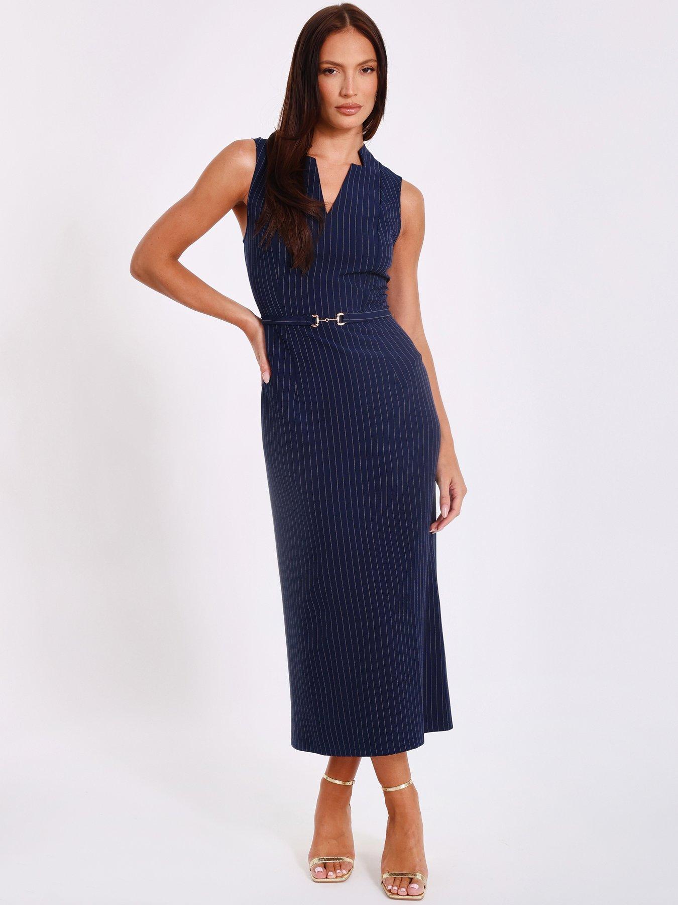 undefined Navy Pinstripe Midi Dress