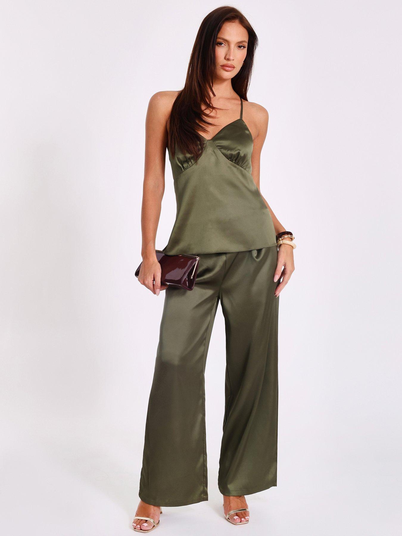 Quiz Khaki Satin Palazzo Trousers