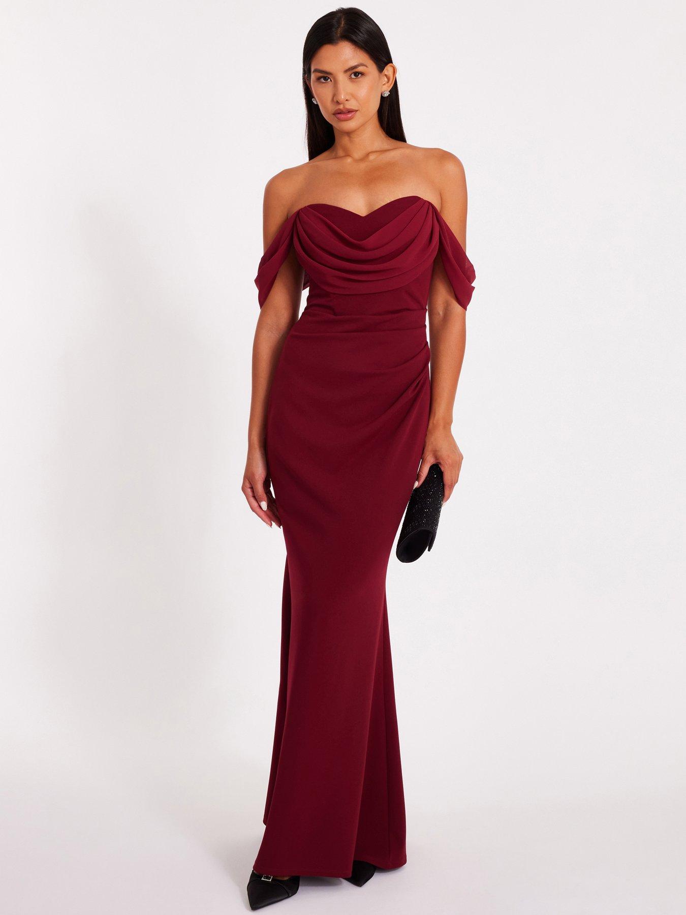undefined Dark Red Chiffon Bardot Maxi Dress