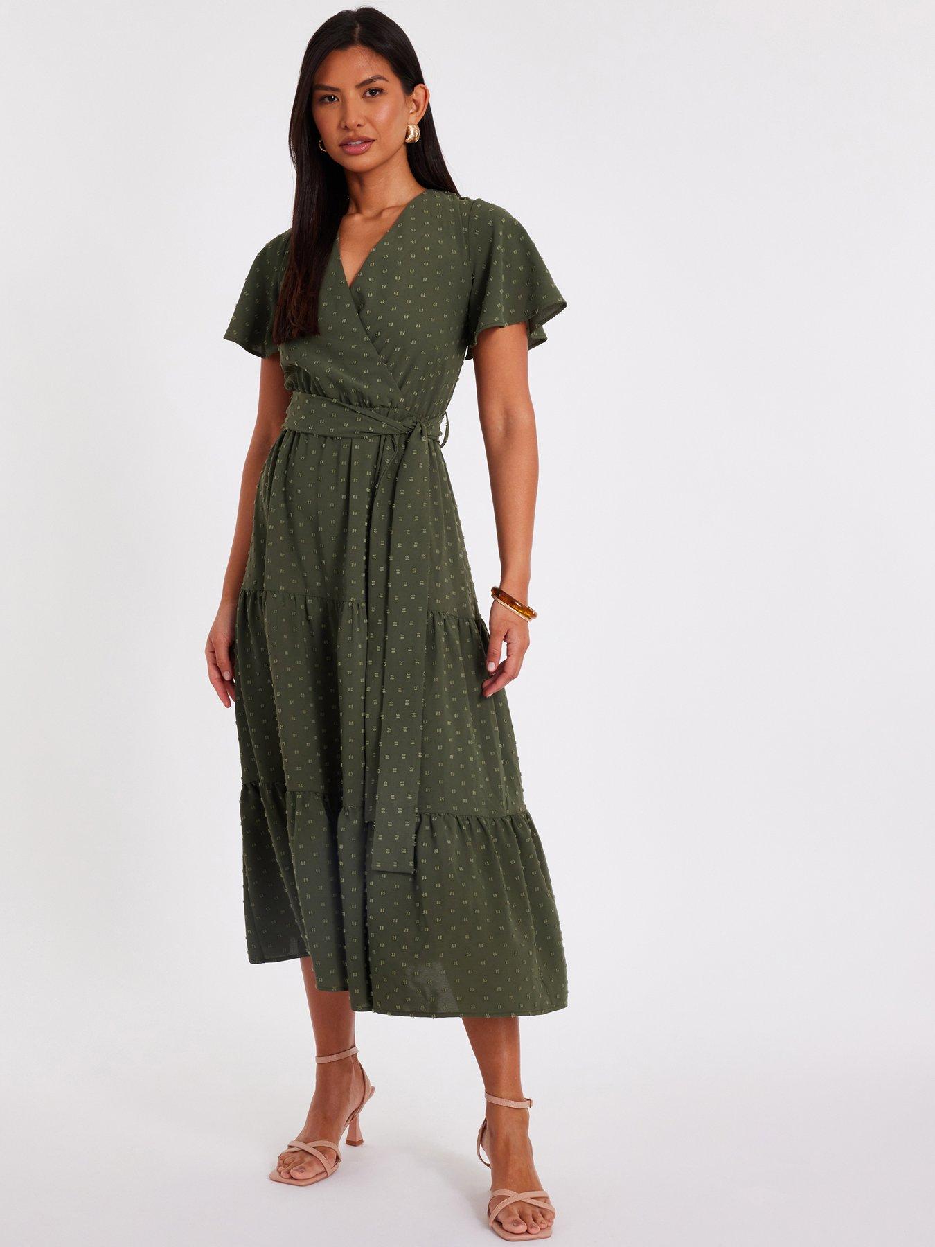 undefined Khaki Dobby Tie Waist Midi Dress
