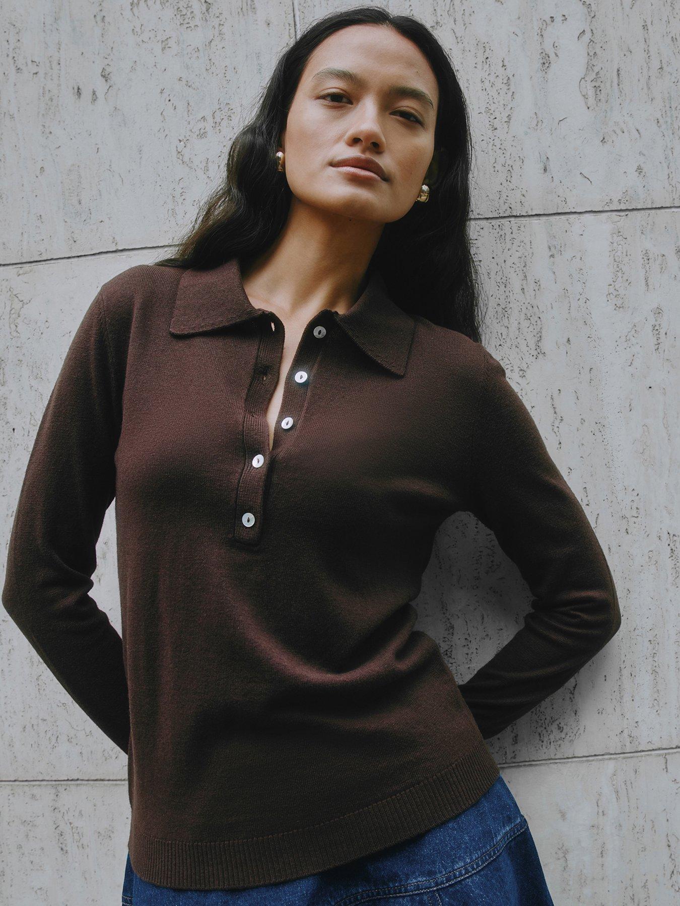 Albaray Fine Knit Polo Top - Brown