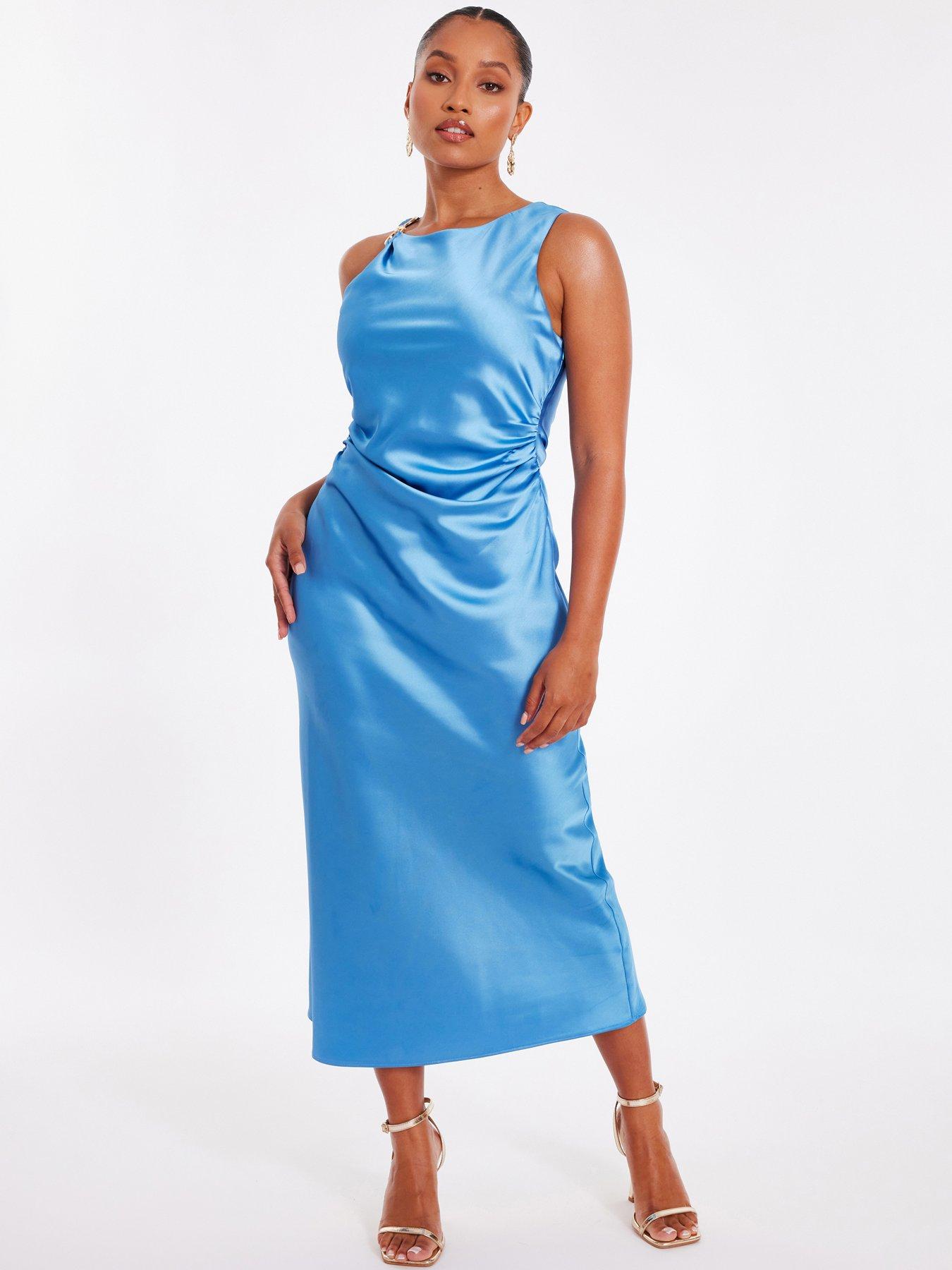 undefined Petite Blue Satin Ruched Midaxi Dress